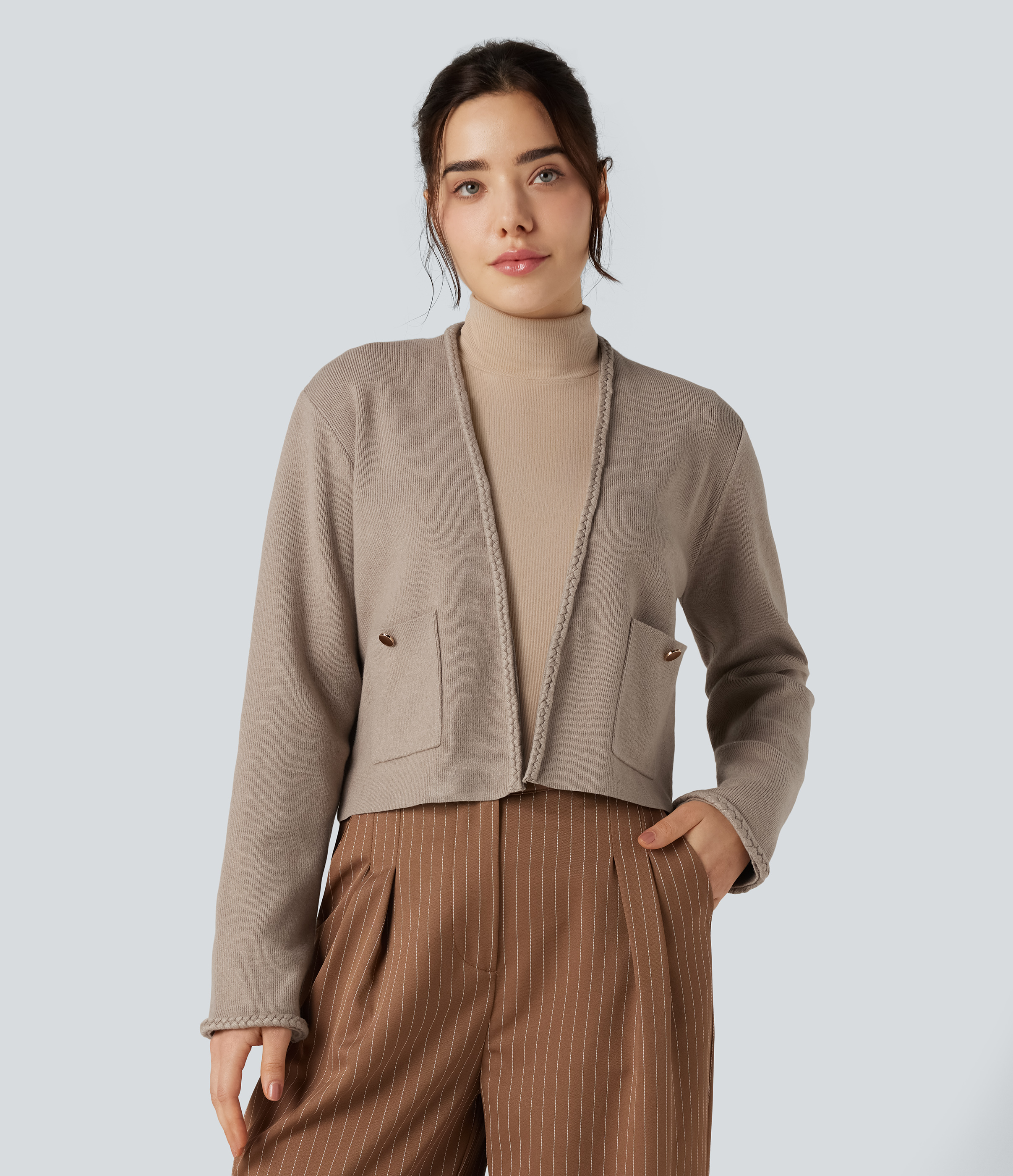 Long Sleeve Open Front Work Cardigan with Pockets