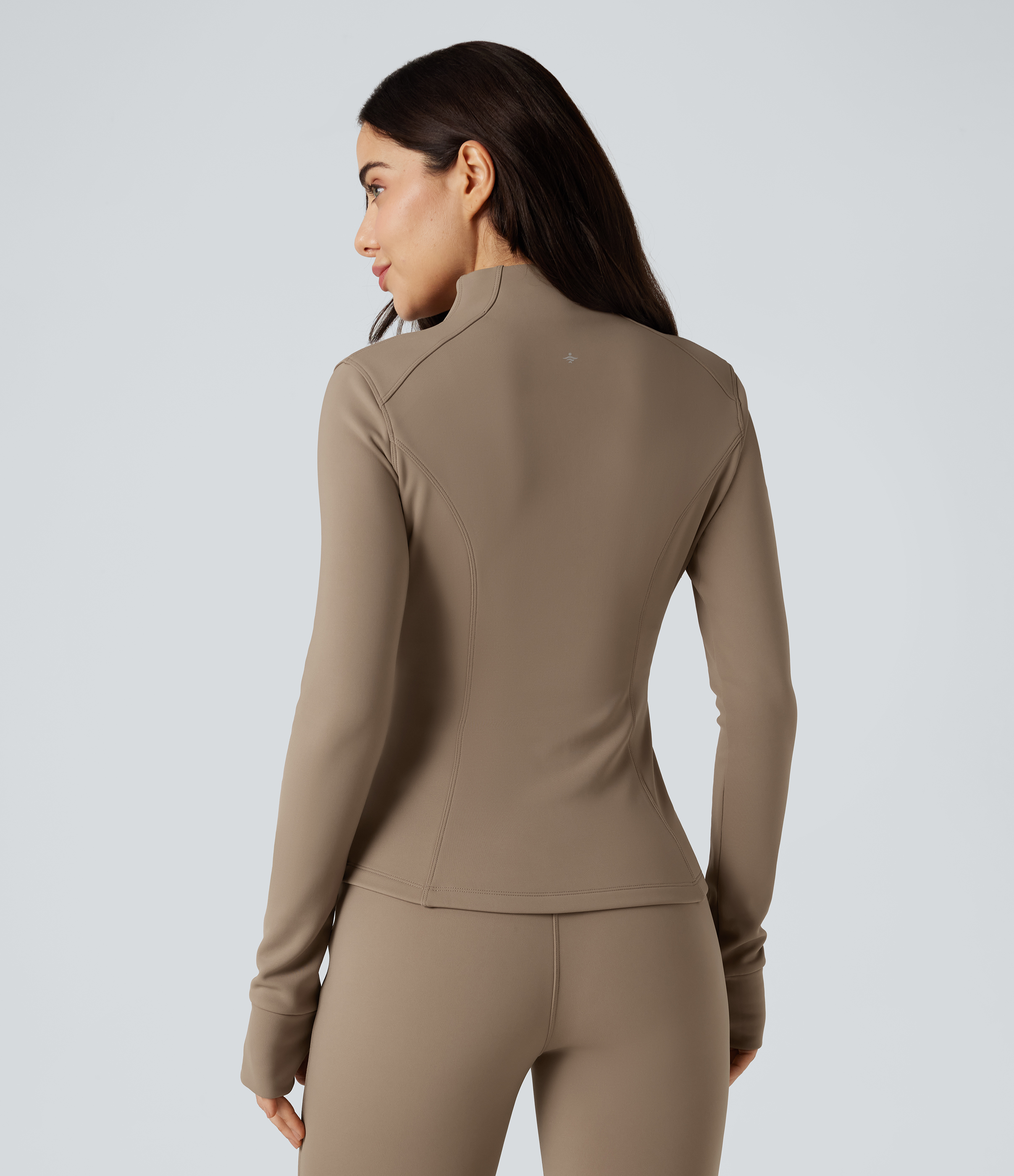 Khaki Brown Veste d'entraînement en polaire à manches longues avec passe-pouce et poches / 2