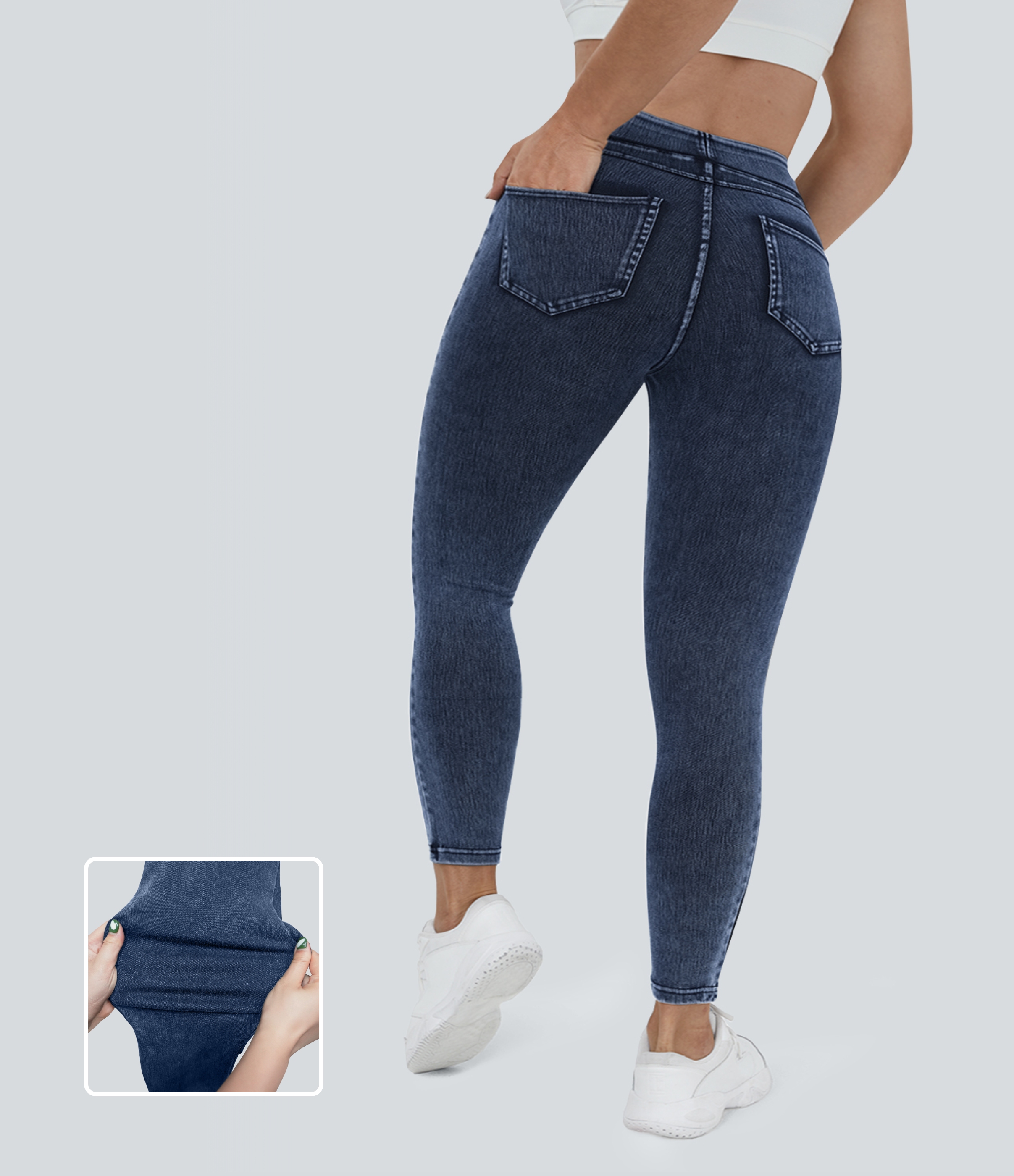 Halara Flex™ Plus Size Jeans Jeggings aus elastischem Strick-Denim mit hohem Bund und Gesäßtaschen