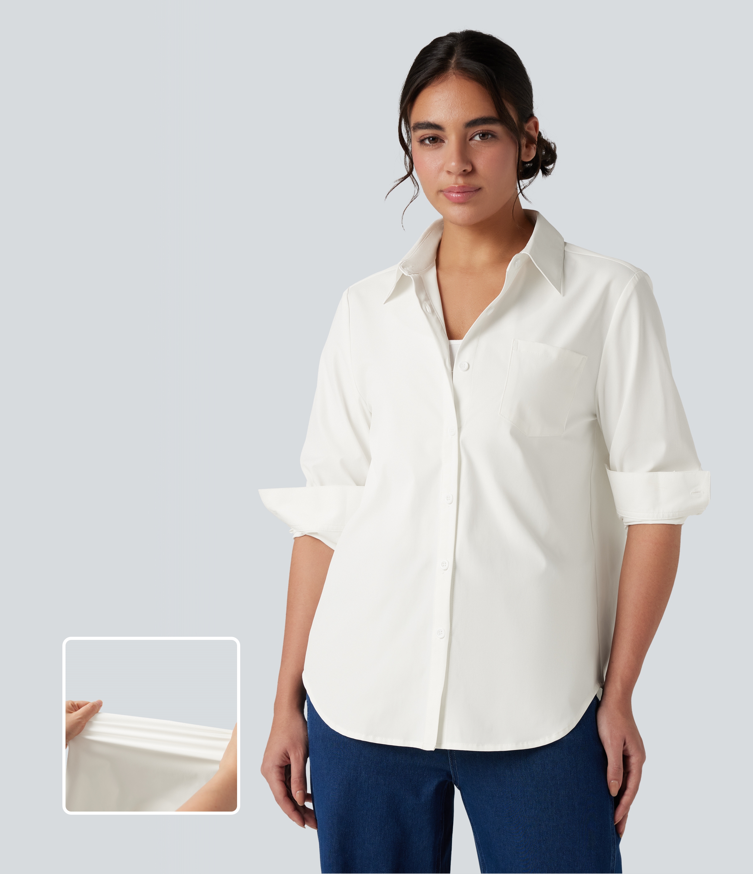 Blanco Camisa de trabajo con cuello, manga larga, bajo curvo y bolsillo en el pecho / 1