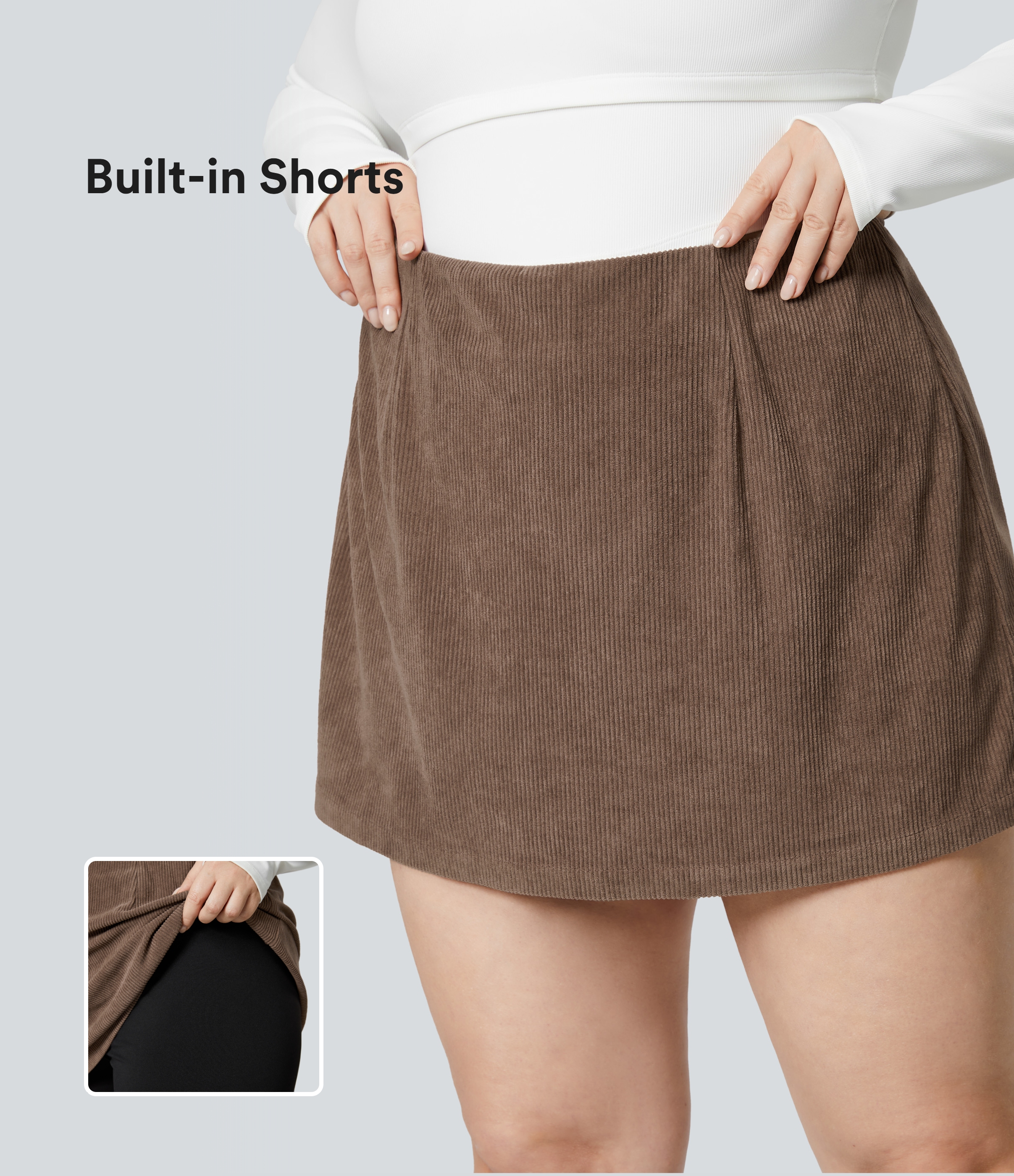 Plus-size 2-in-1 mini corduroy skirt with high waist and invisible zipper