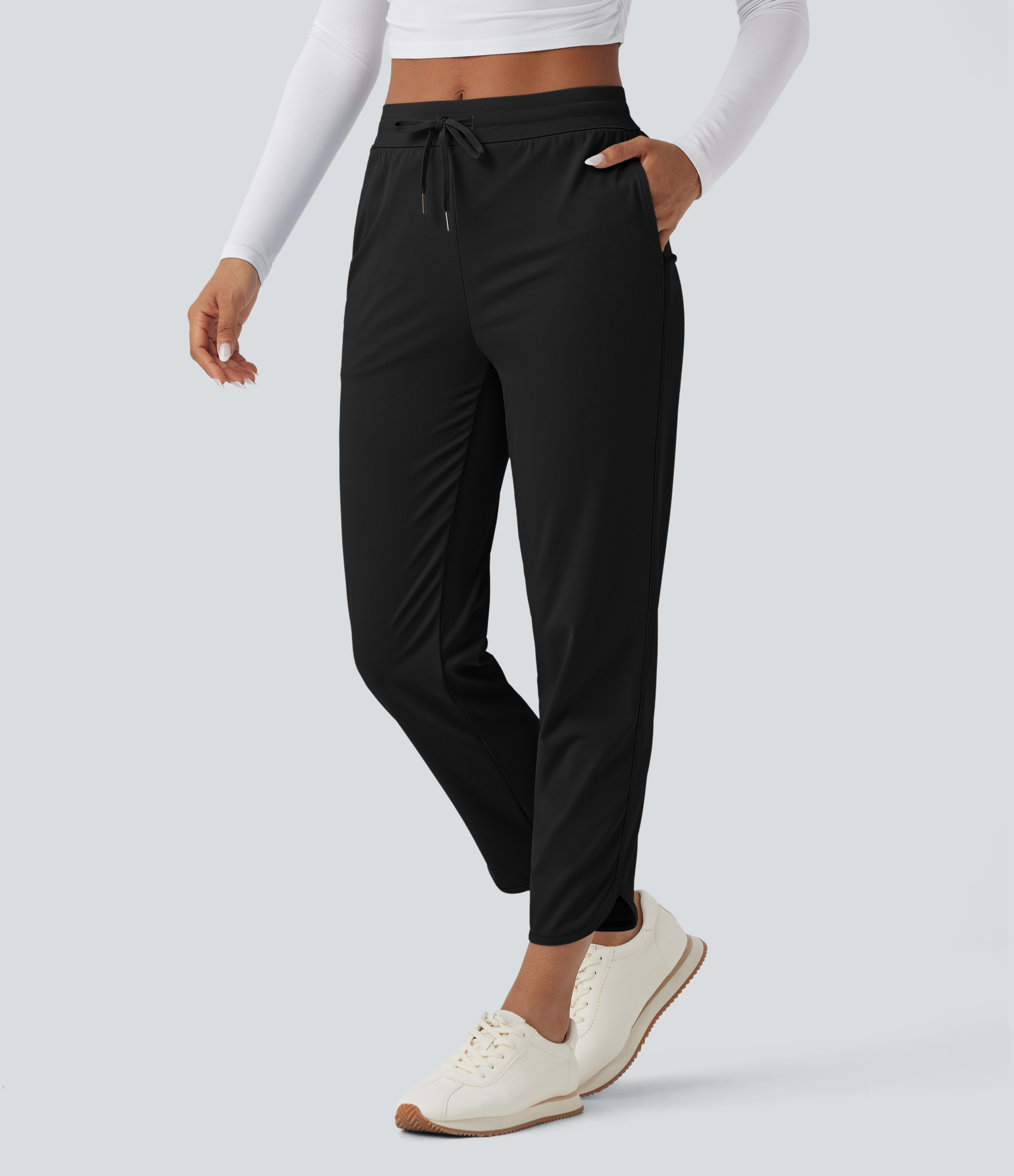 Mid Rise Drawstring Curved Hem Quick Dry Golf Tapered Pants with Pockets-UPF40+