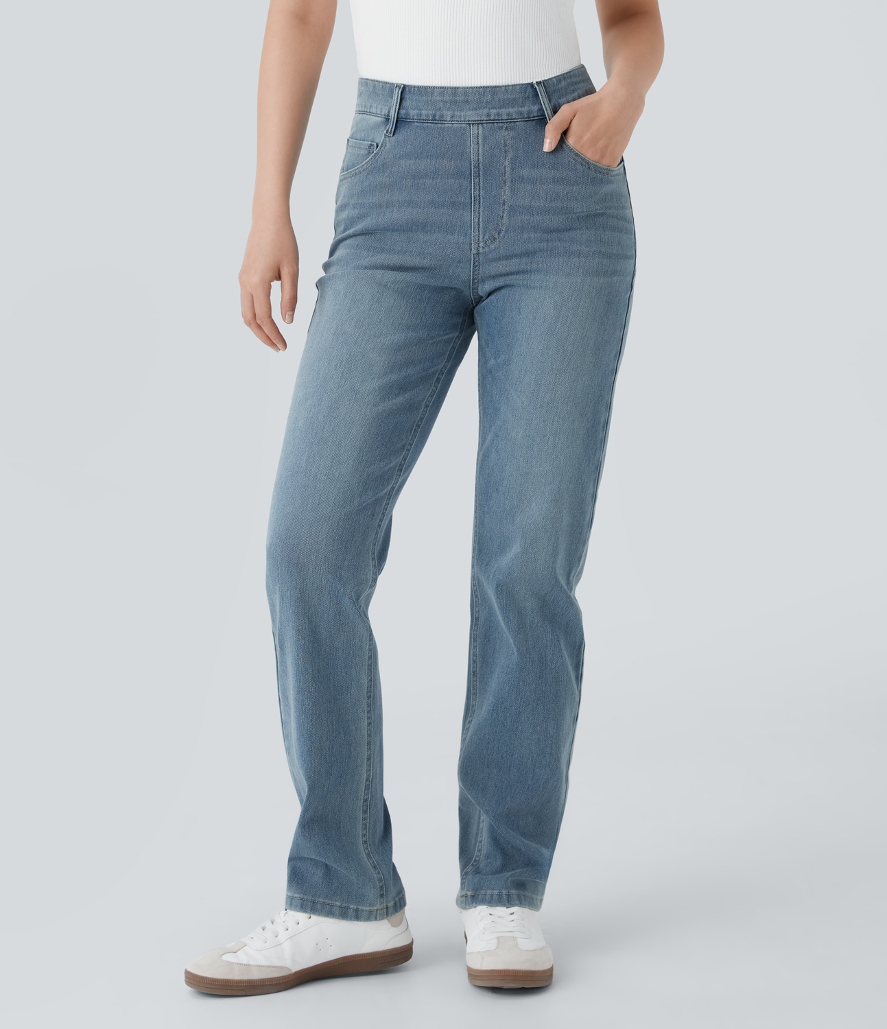 Halara Flex™ 하이웨이스트 멀티플 포켓 일자 워시드 스트레치 니트 캐주얼 청바지