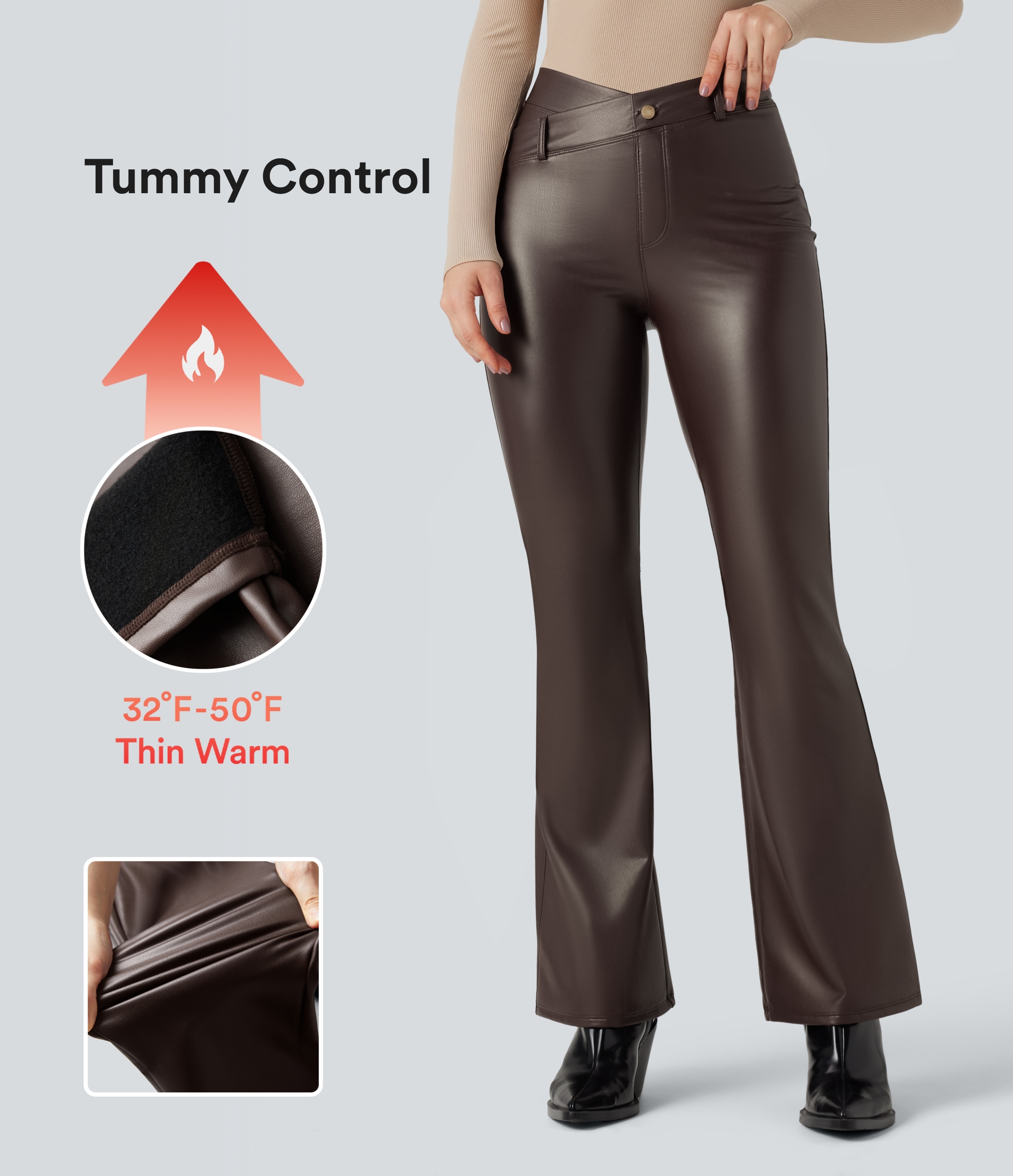 Hot Fudge Asymmetric High Waisted Tummy Control Stretchy PU Fleece Casual Flare Pants with Pockets / 1