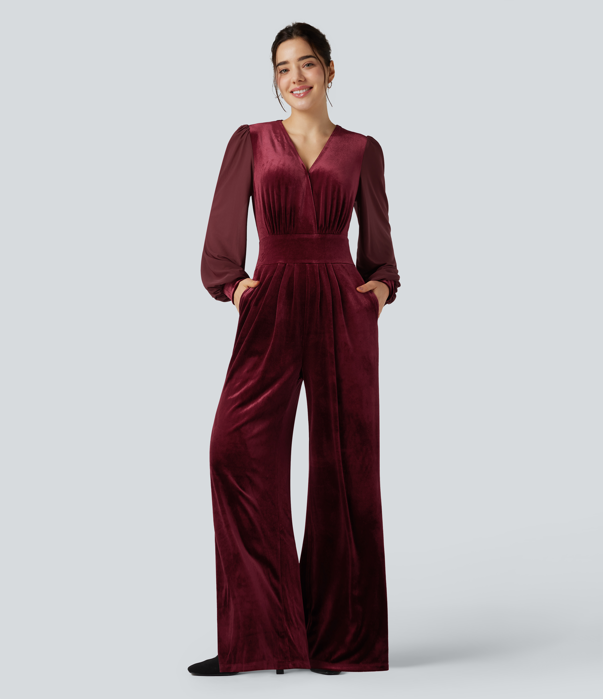 V-neck Puff Long Sleeve Contrast Mesh Velvet Party Jumpsuit with Pockets