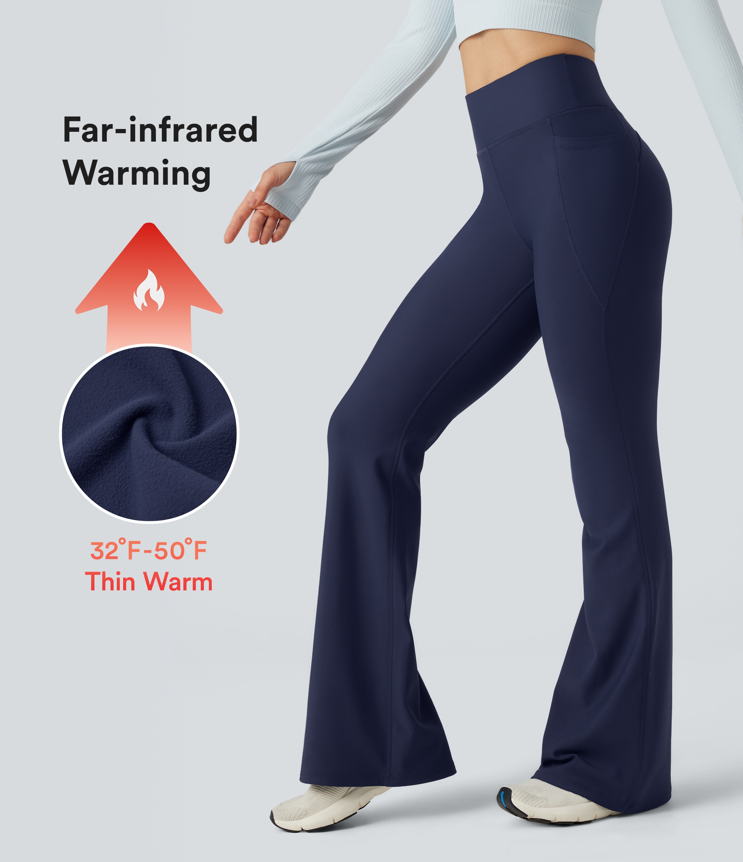 Pantalon de yoga évasé thermique en polaire froncée, taille haute, avec poches