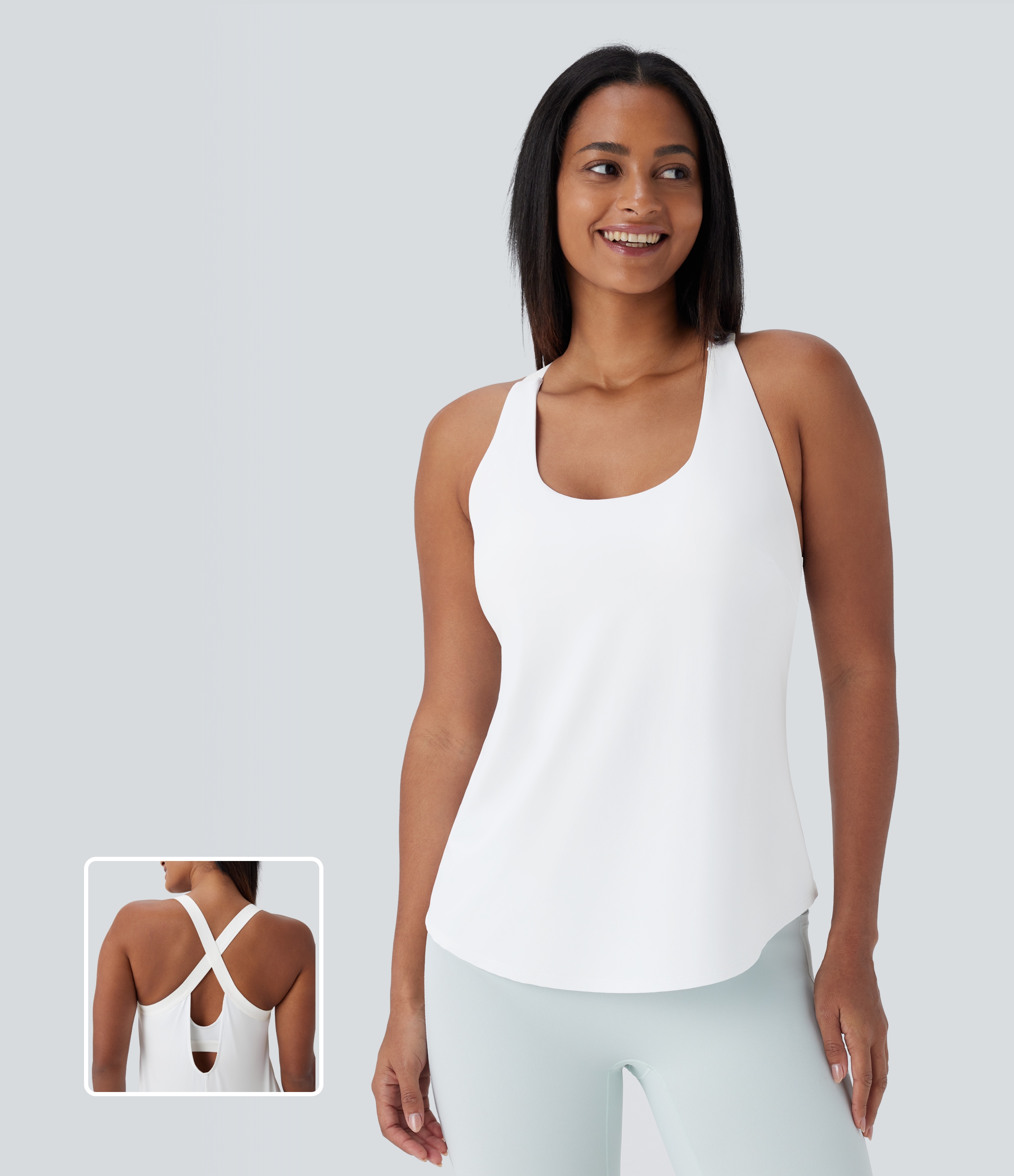 U Neck Built-in Bra Curved Hem Cool Touch Yoga Tank Top-UPF50+