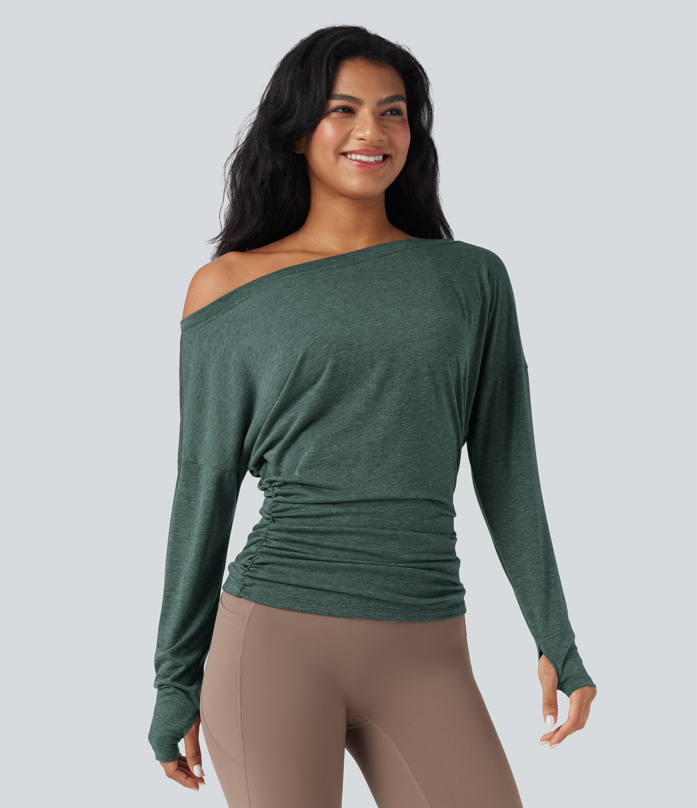 Women's One Shoulder Long Sleeve Thumb Hole Ruched Yoga Sports Top