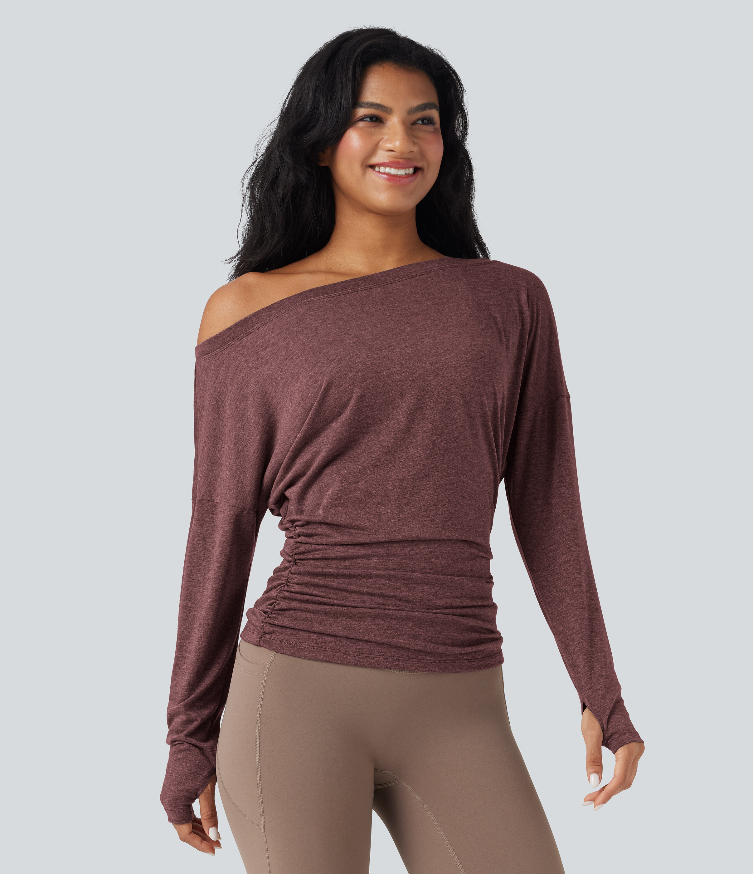 One Shoulder Long Sleeve Thumb Hole Ruched Yoga Sports Top