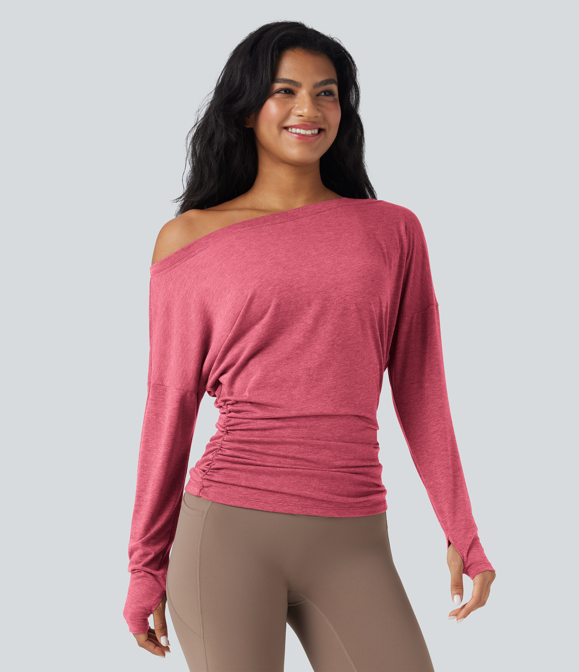Women's One Shoulder Long Sleeve Thumb Hole Ruched Yoga Sports Top