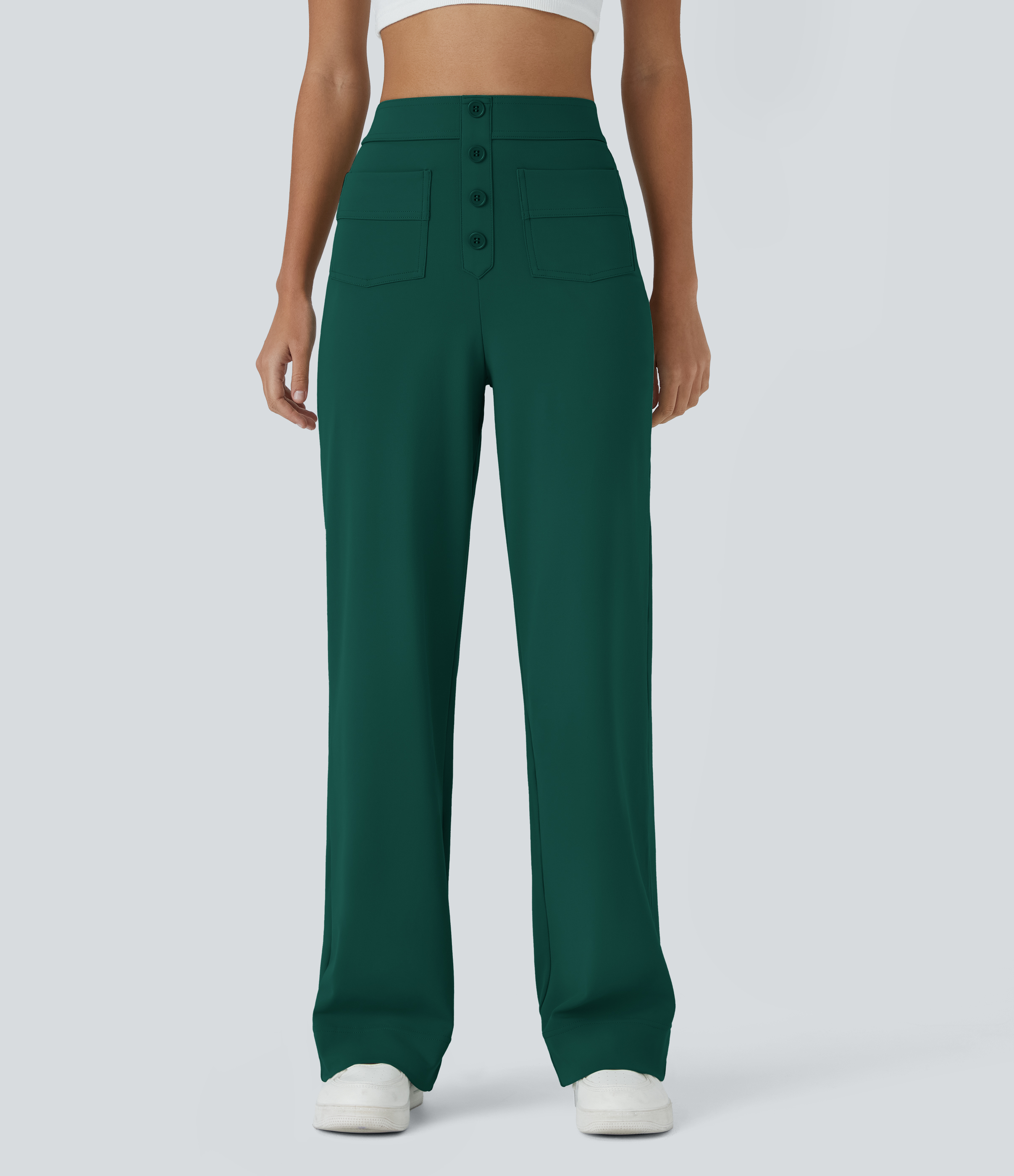 Pantalones pierna recta múltiple bolsillo botón tiro alto