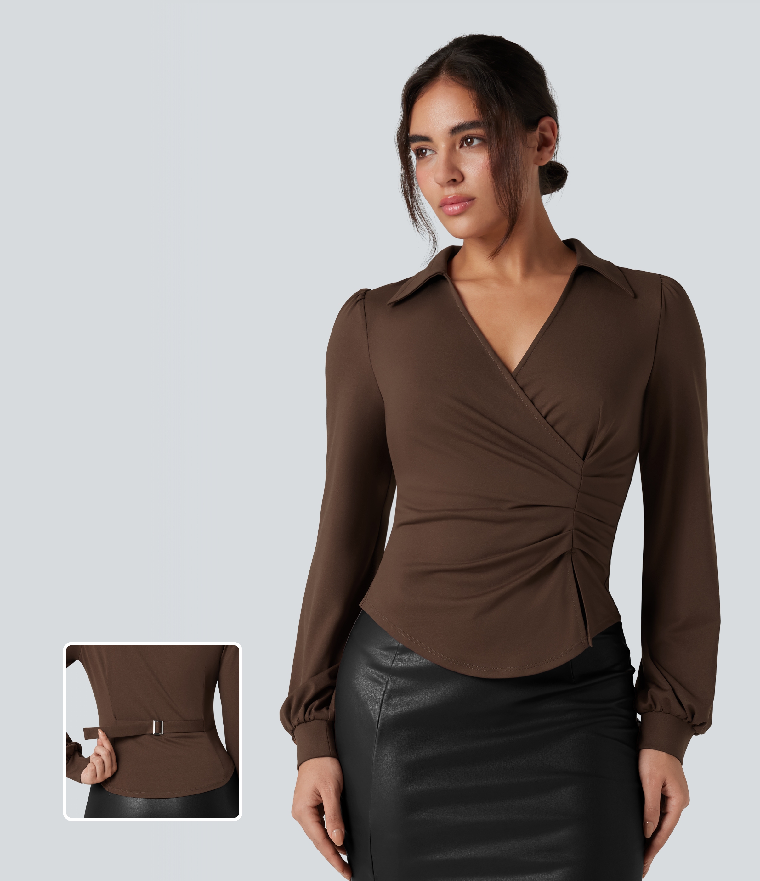 V Neck Long Sleeve Ruched Work Shirt