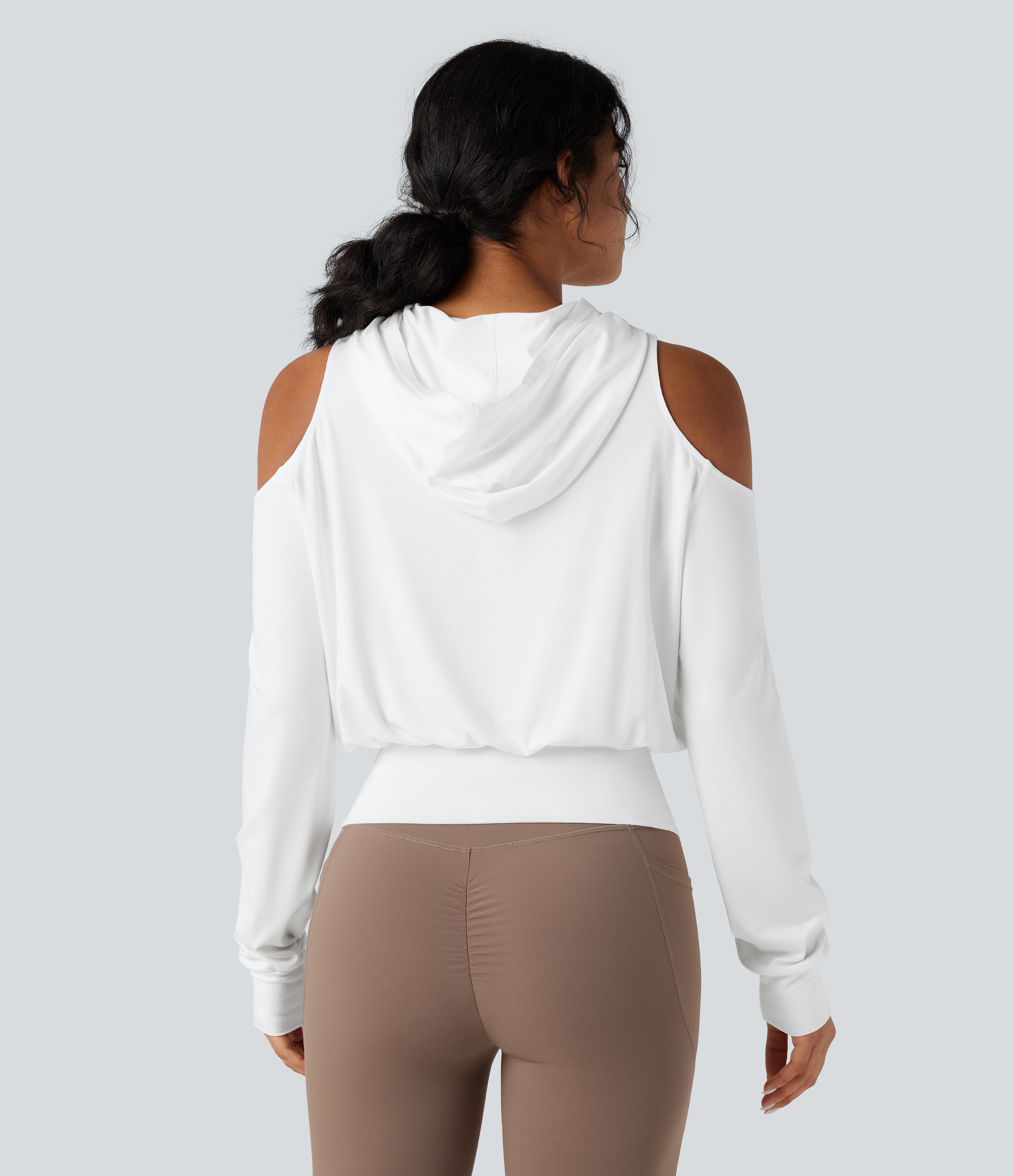 Blanc Sweat-shirt de sport à capuche épaules dénudées manches longues / 2