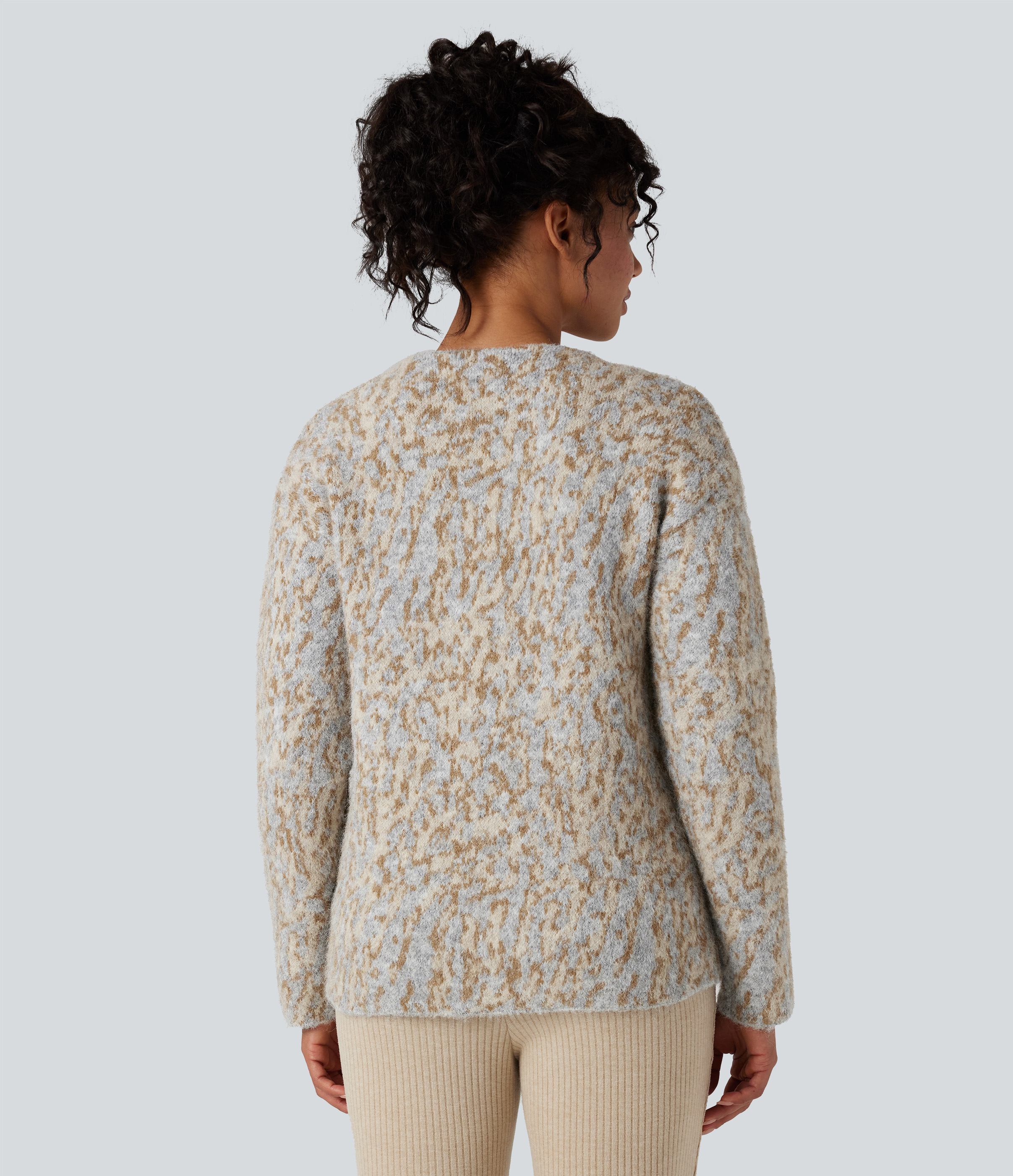 Tan and Brown Speckles V-neck Leopard Wool-Blend Casual Cardigan / 2