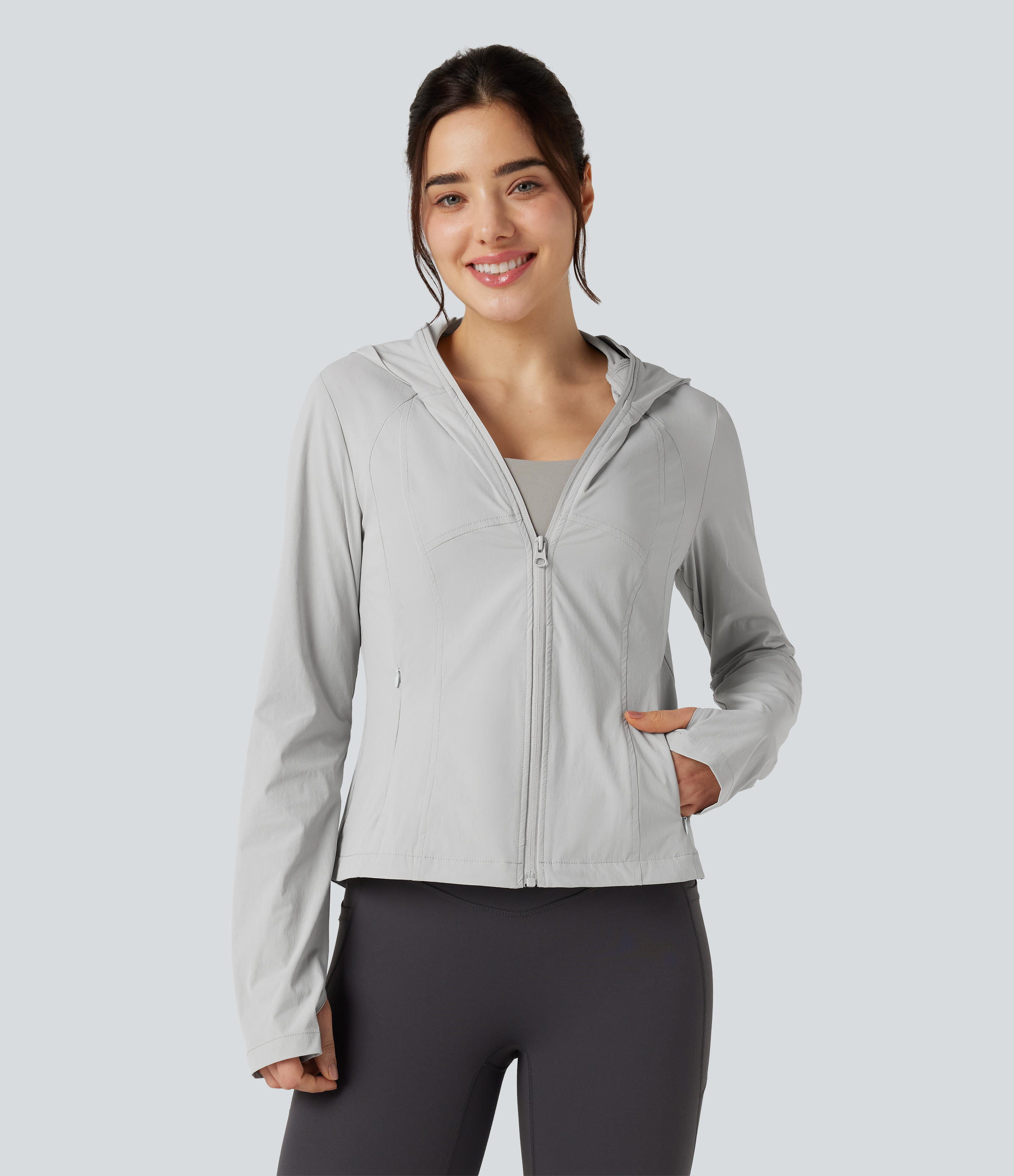 Lunar Rock Giacca da trekking con cappuccio, maniche lunghe, foro per il pollice, zip e tasche — UPF 40+ / 2