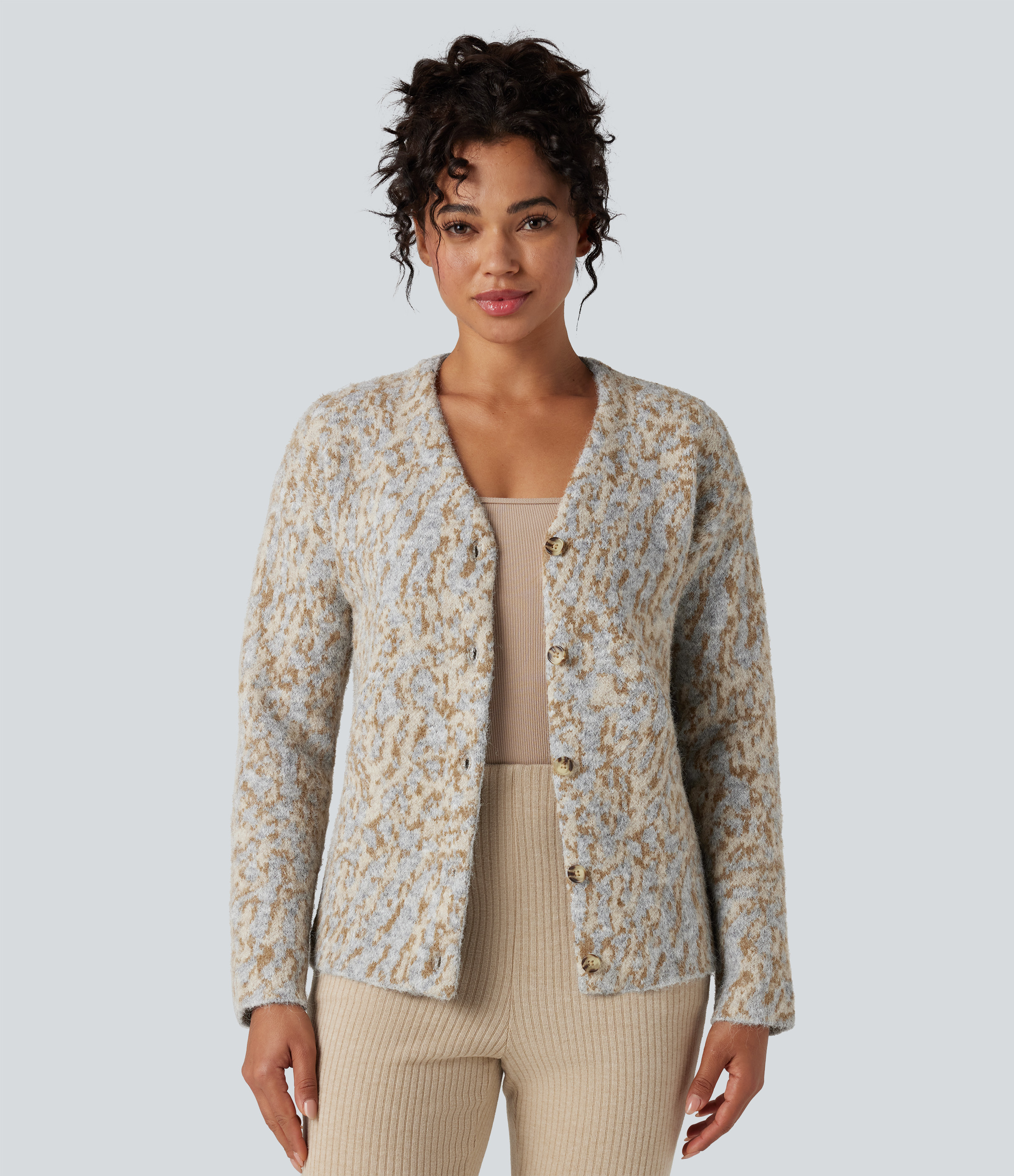 Tan and Brown Speckles V-neck Leopard Wool-Blend Casual Cardigan / 1