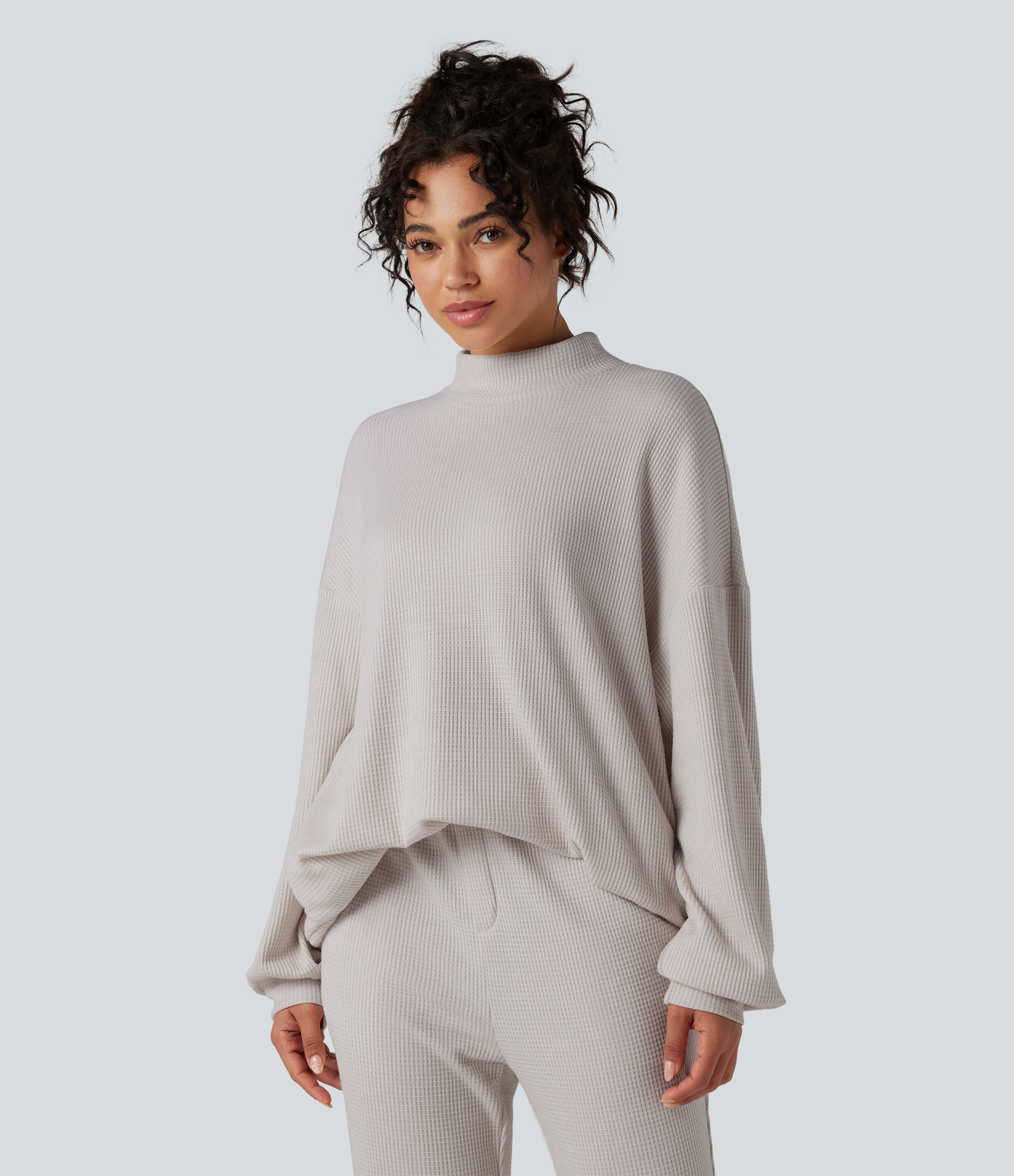 Wind Chime Mock Neck Long Sleeve Relaxed Waffle Casual Sweatshirt with Pockets / 1