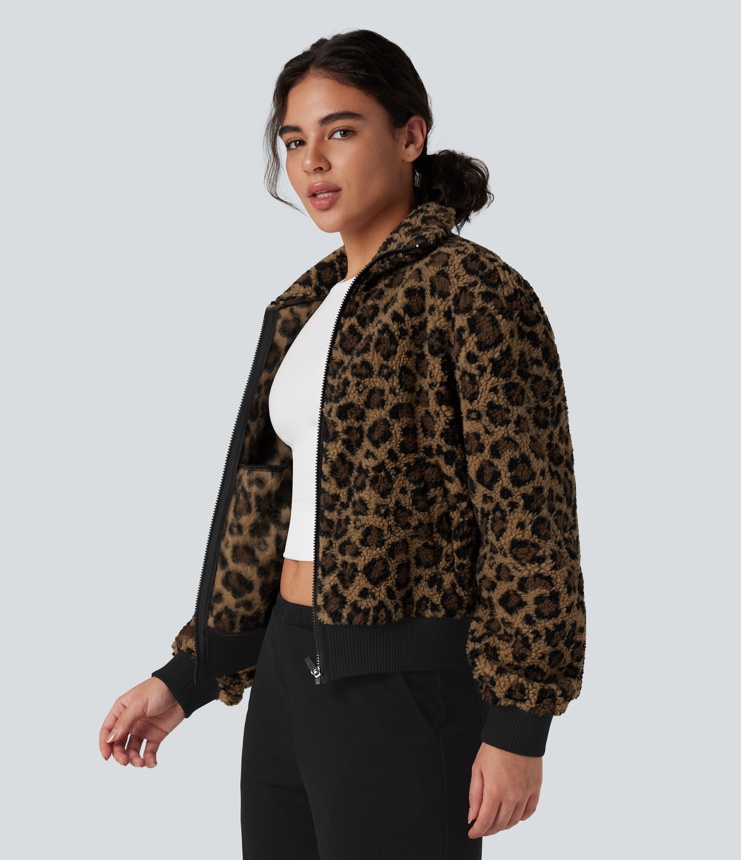 High-neck Contrast Ribbed Zip Fly Casual Sherpa Jacket with Pockets