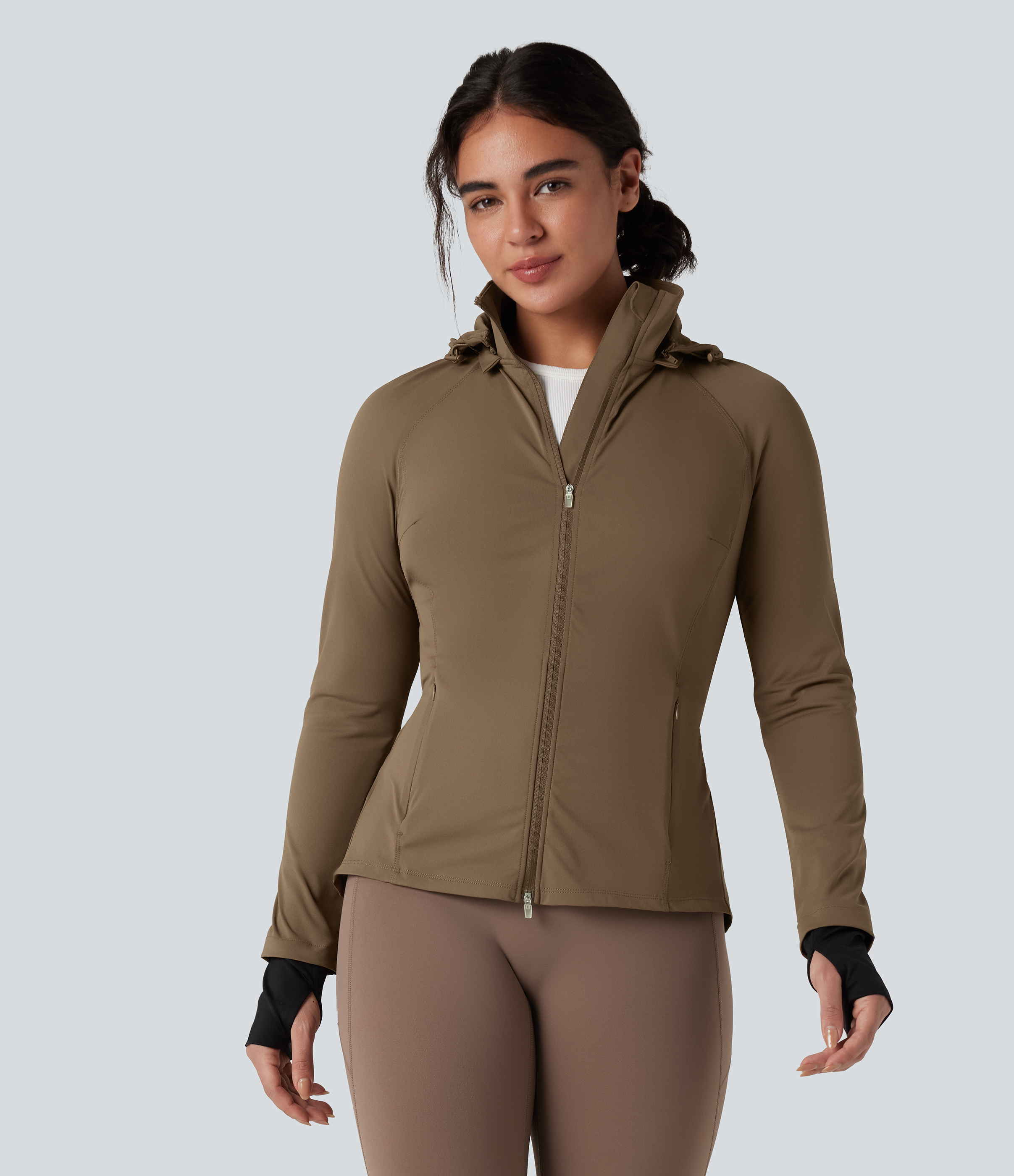 Chestnut Brown Removable Hood Thumb Holes Drawstring 2-Way Zipper Hiking Jacket with Pockets / 2