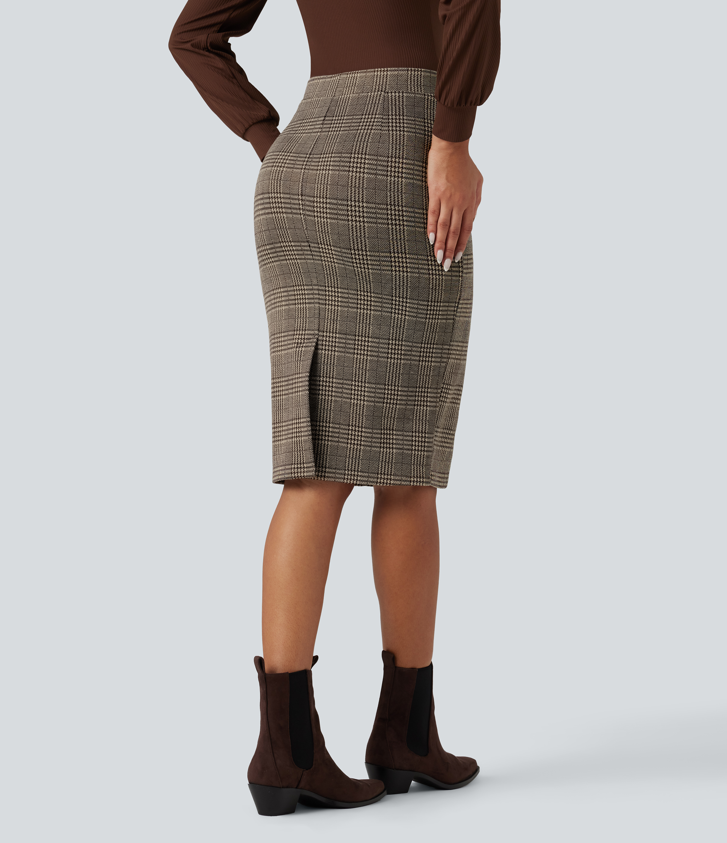 Brown Houndstooth Plaid High Waisted Bodycon Houndstooth Plaid Knee Length Work Skirt / 2
