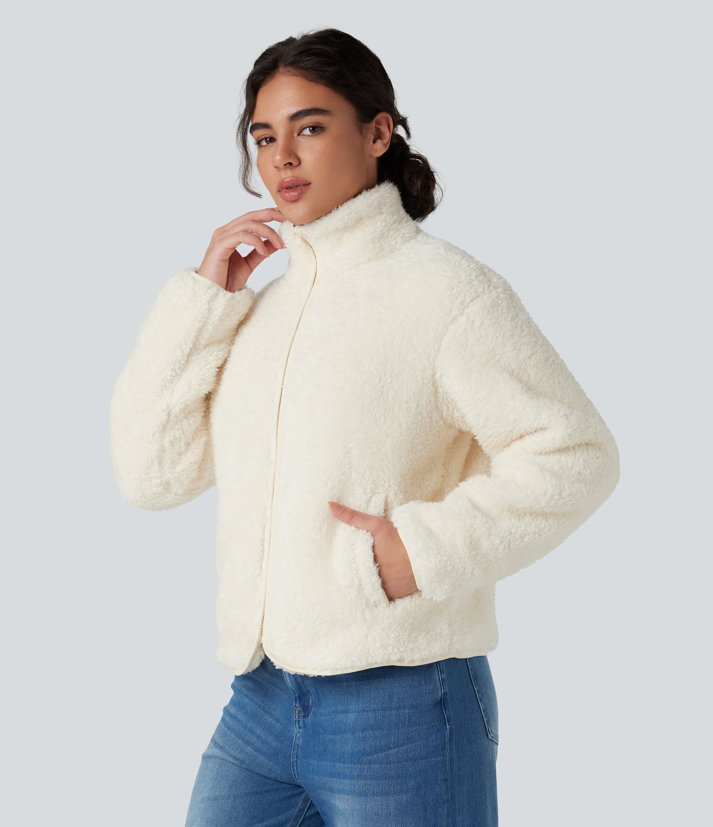 Stand Collar Long Sleeve Casual Teddy Jacket with Pockets