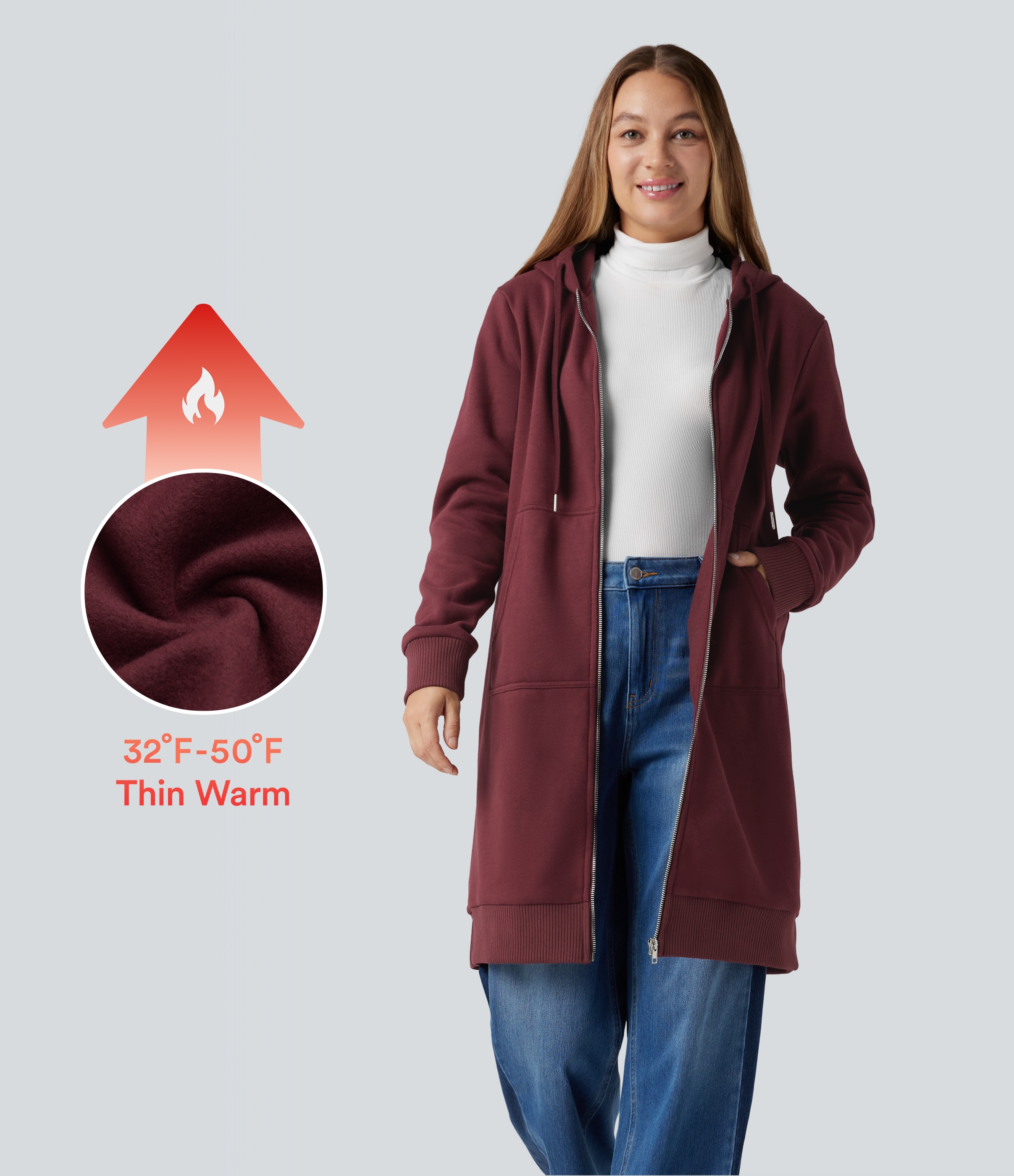 Hooded Zip Fly Fleece Casual Longline Sweatshirt with Pockets