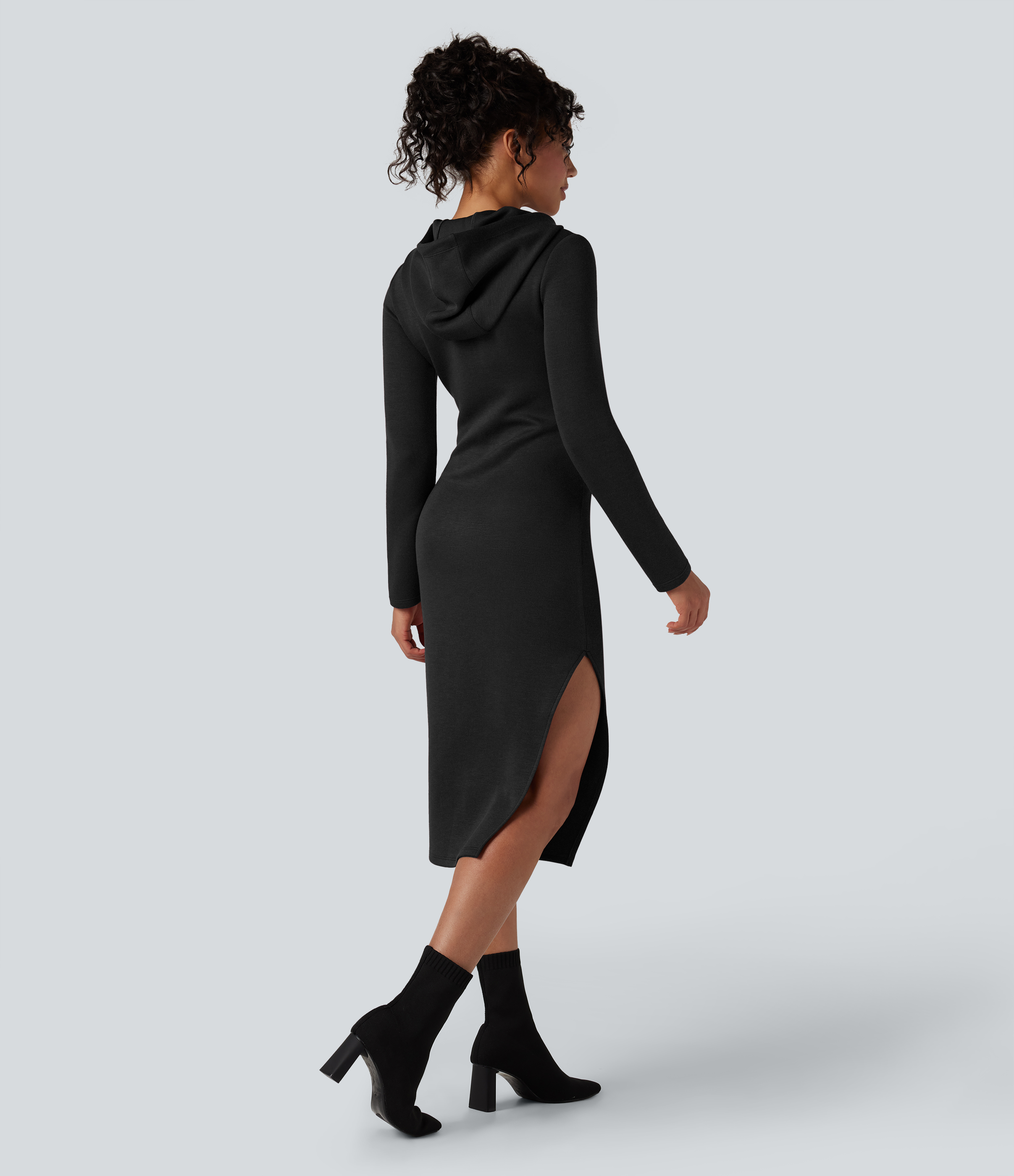 Schwarz SpacerTek™ - Lässiges Midikleid mit Kapuze, langen Ärmeln und Schlitz / 2