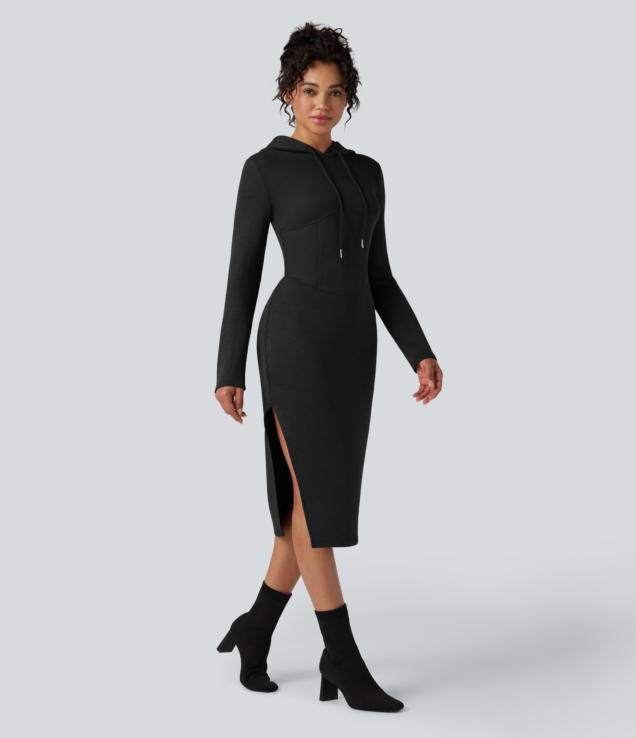 SpacerTek™ - Lässiges Midikleid mit Kapuze, langen Ärmeln und Schlitz