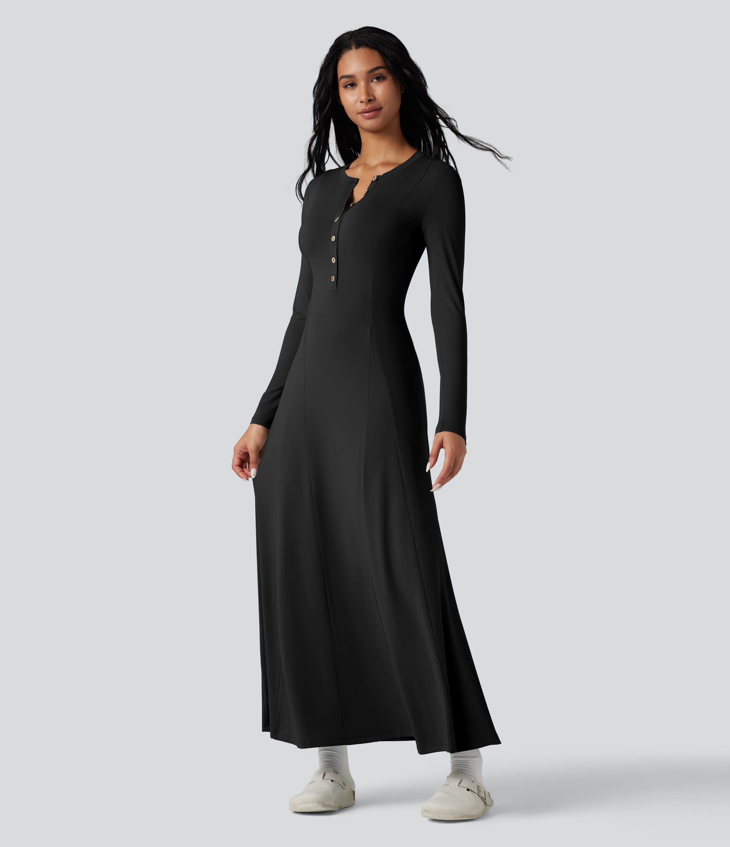 Henley Long Sleeve Flare Maxi Casual Dress