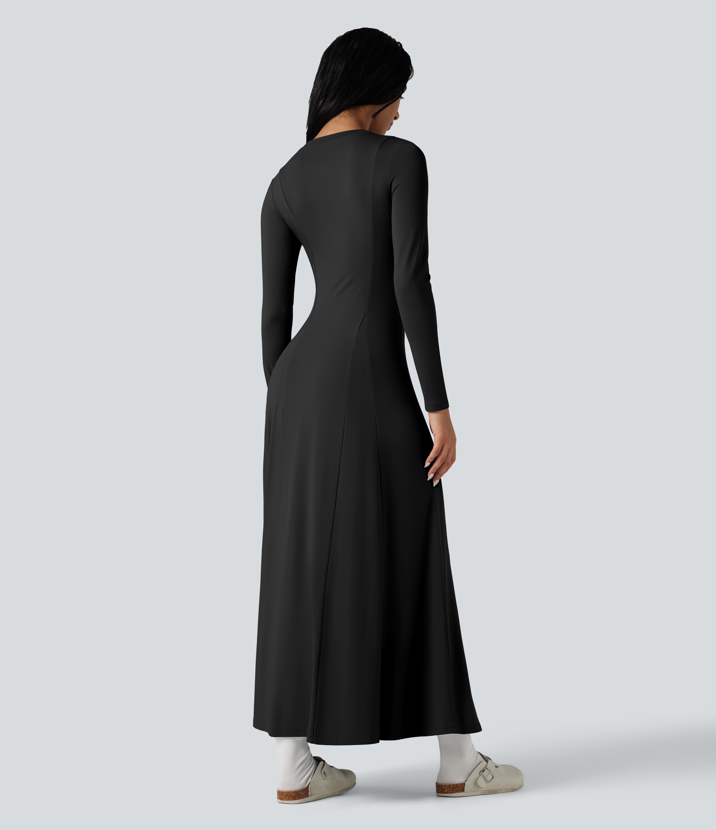 Schwarz Lässiges, ausgestelltes Maxikleid mit Henley-Ausschnitt und langen Ärmeln / 2