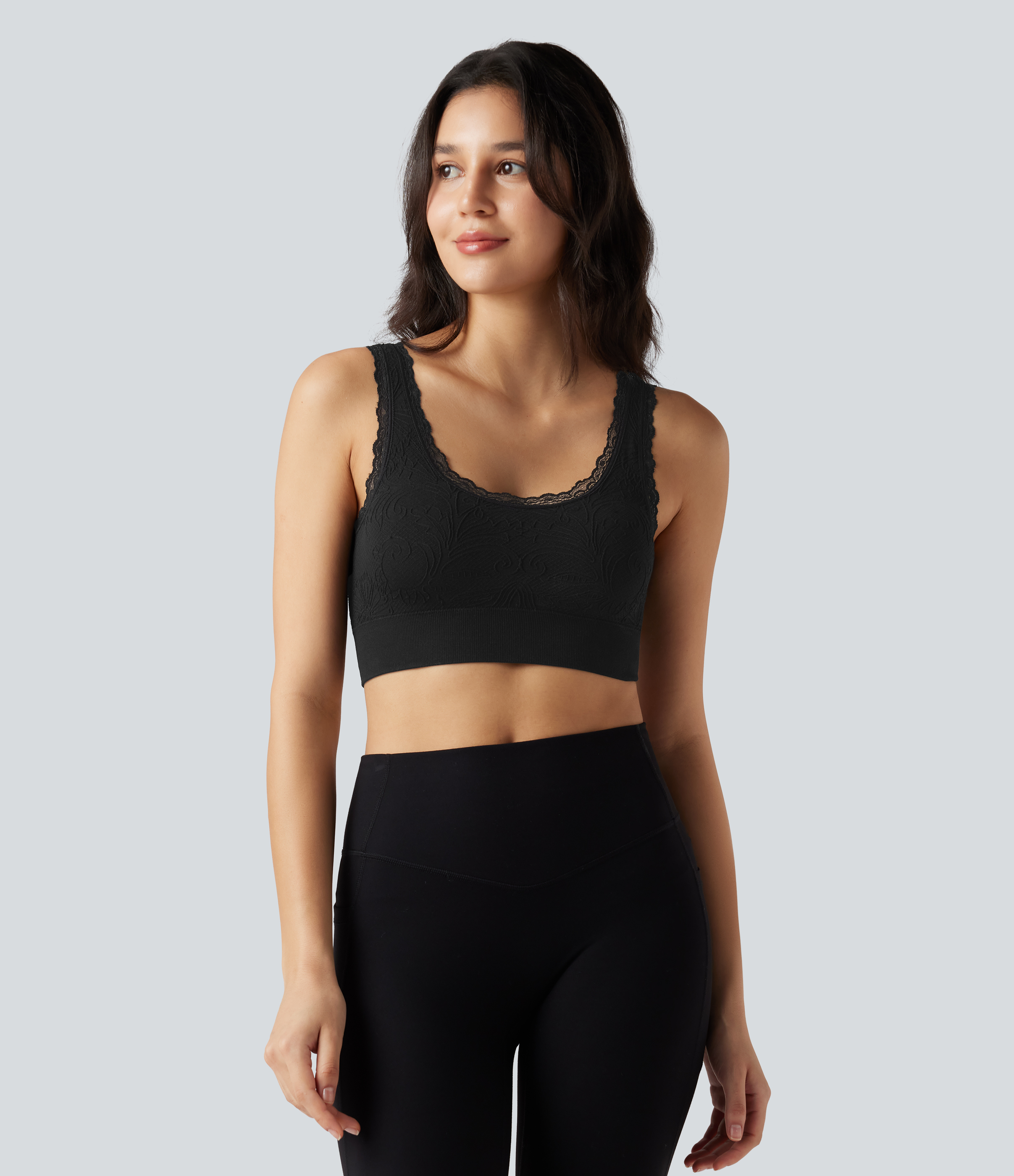 Halara OneForm Seamless Flow Low Support U Neck Lace Yoga Sports Bra  - Black - XS push up bra strapless bra backless bra sticky bra