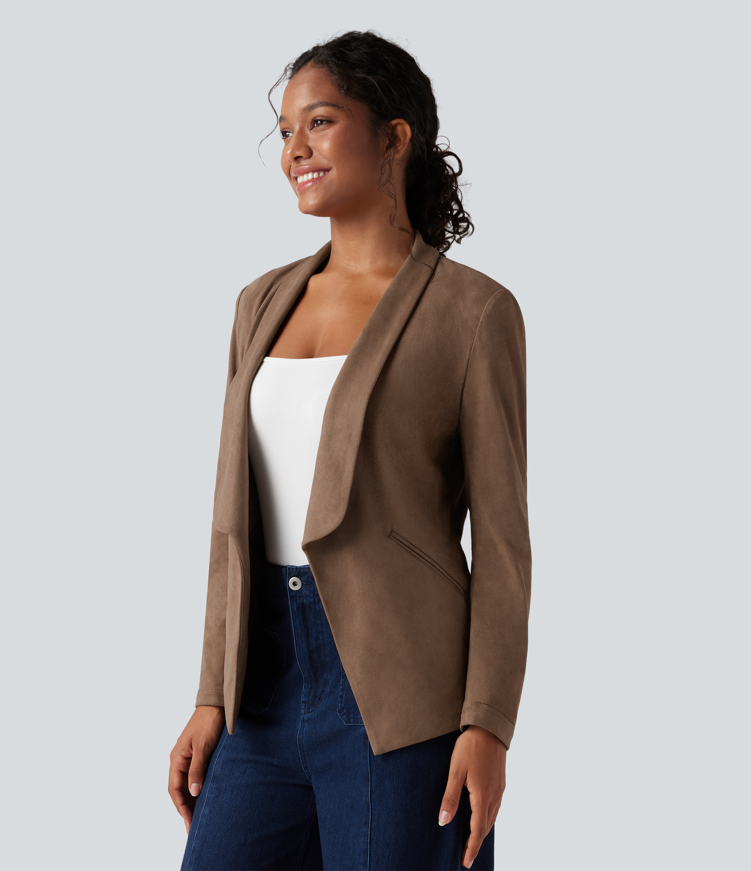 Shawl Collar Suede Work Blazer with Pockets