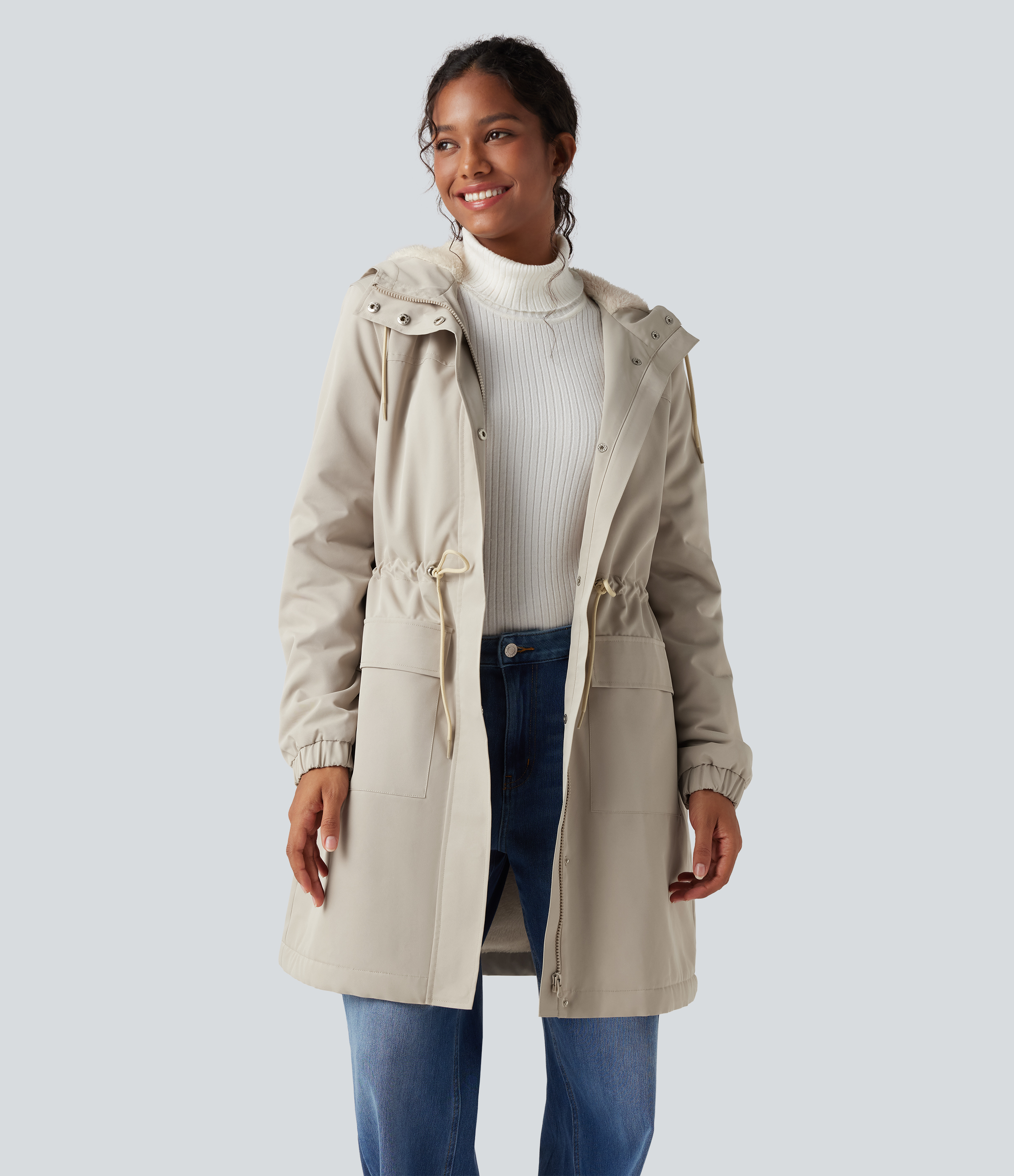 Ancient Scroll Hooded Long Sleeve Drawstring Longline Fleece Casual Parka Coat with Pockets / 2