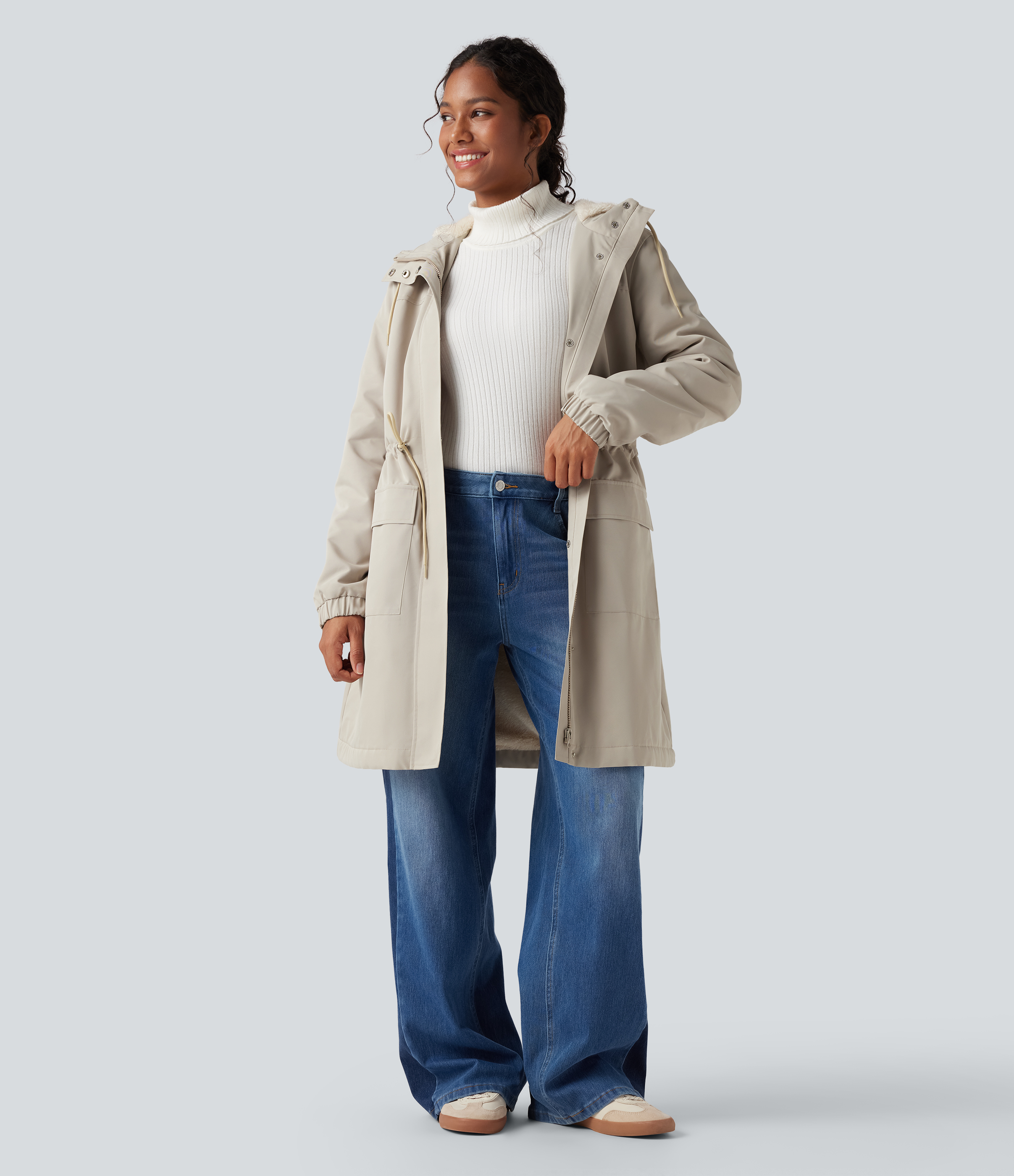 Hooded Long Sleeve Drawstring Longline Fleece Casual Parka Coat with Pockets
