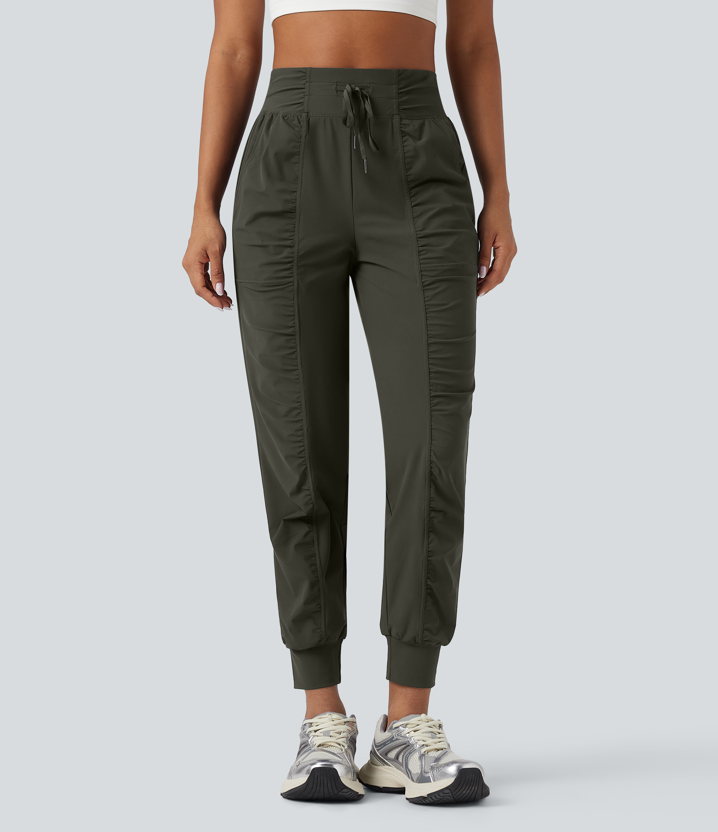High Waisted Drawstring Ruched Tapered Quick Dry InstantCool Dance Joggers with Pockets-UPF40+