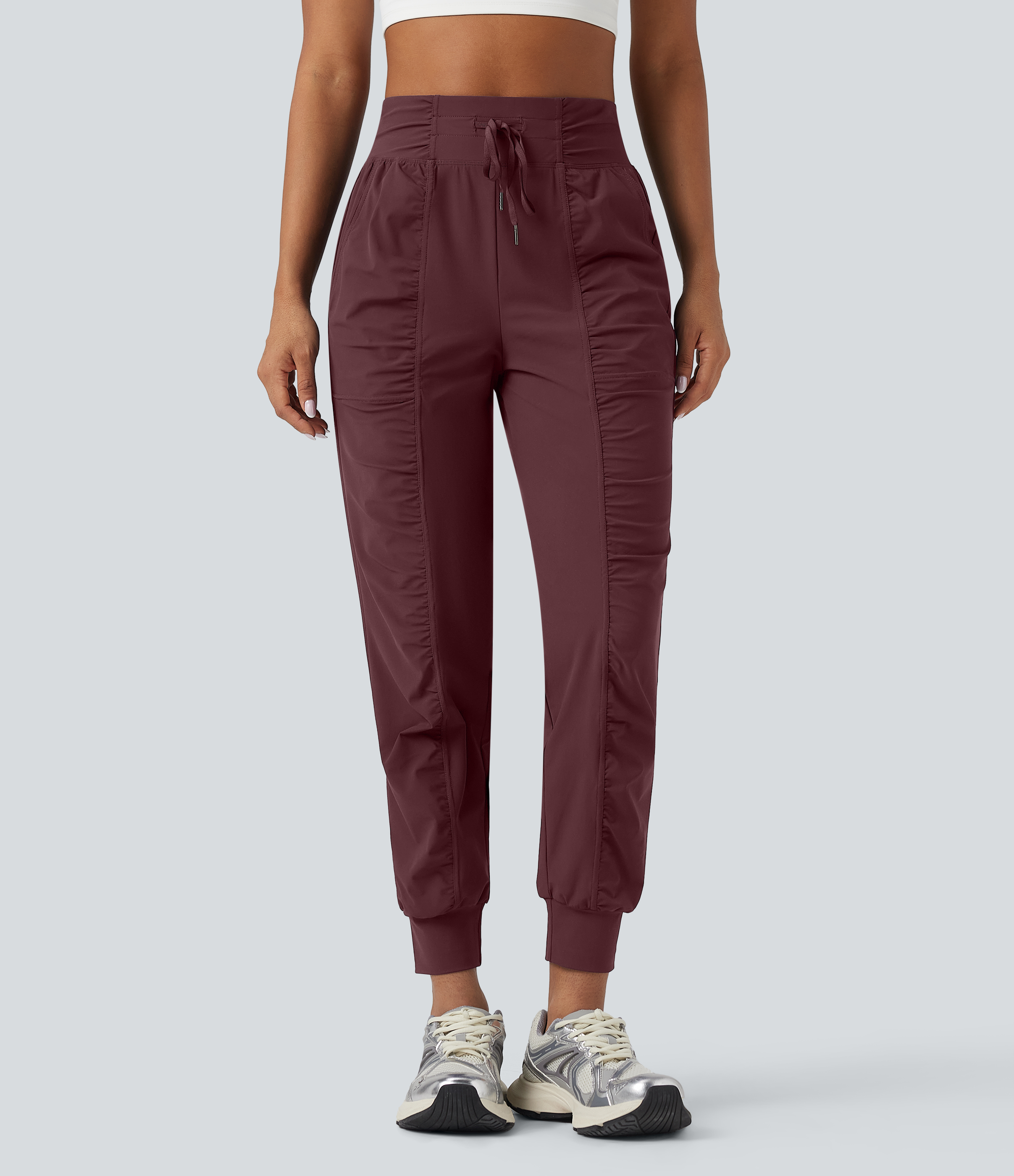 High Waisted Drawstring Ruched Tapered Quick Dry Cool Touch Dance Joggers with Pockets-UPF40+