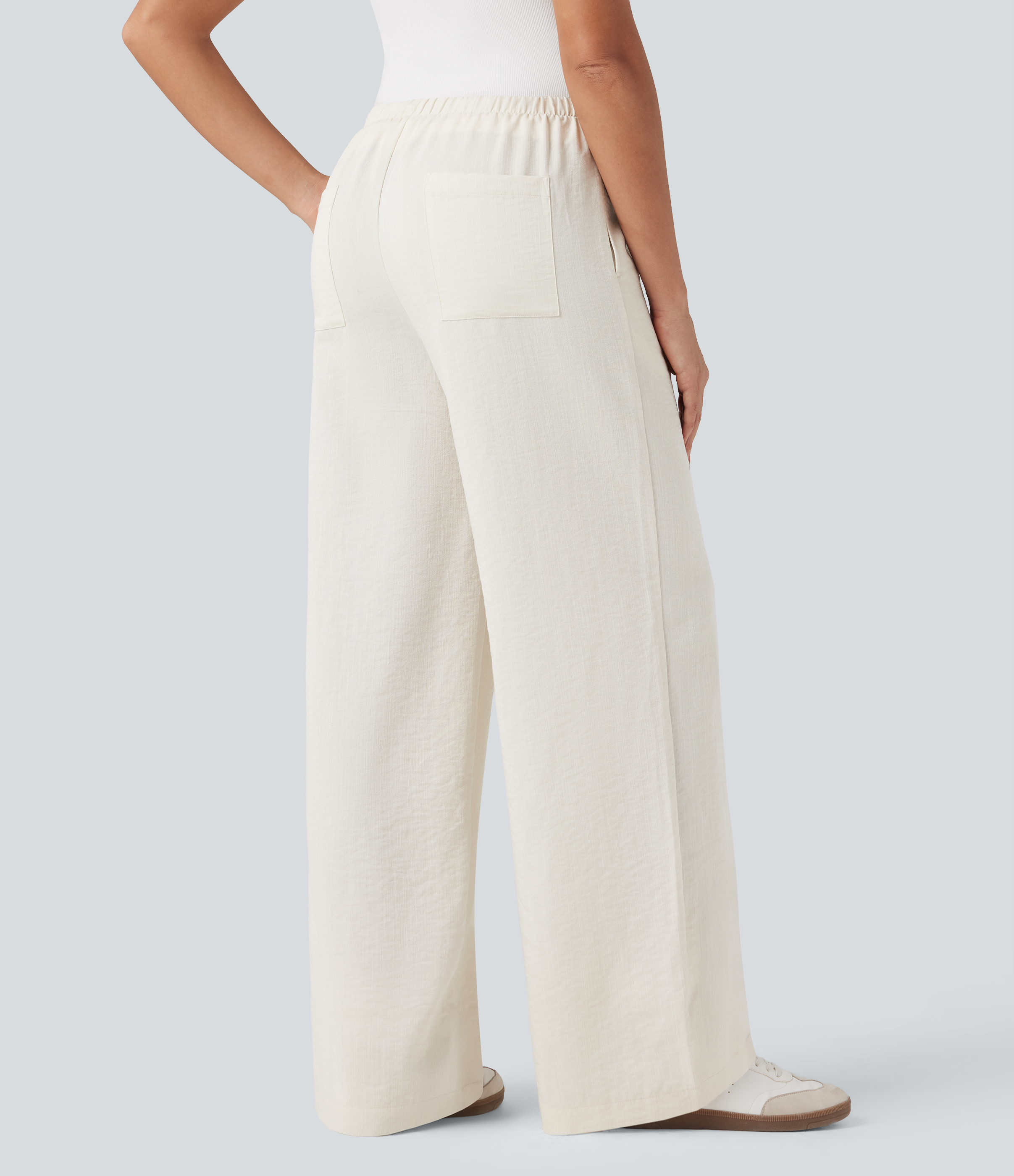 Blanco Pantalones casuales anchos de lino resistente a arrugas con tiro alto, cordón ajustable y bolsillos / 2