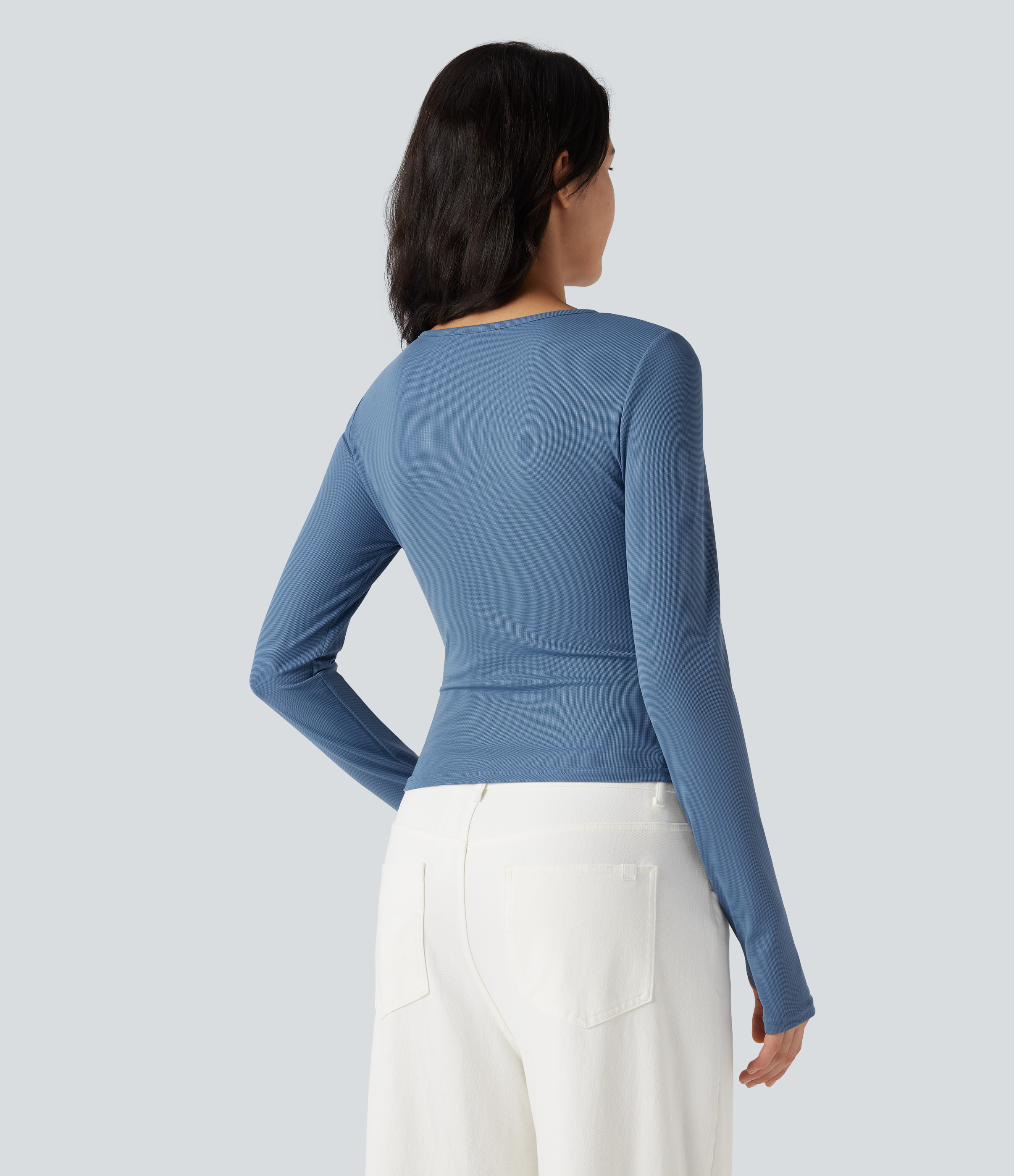 Round Neck Long Sleeve Thumb Hole Waffle Casual T-Shirt