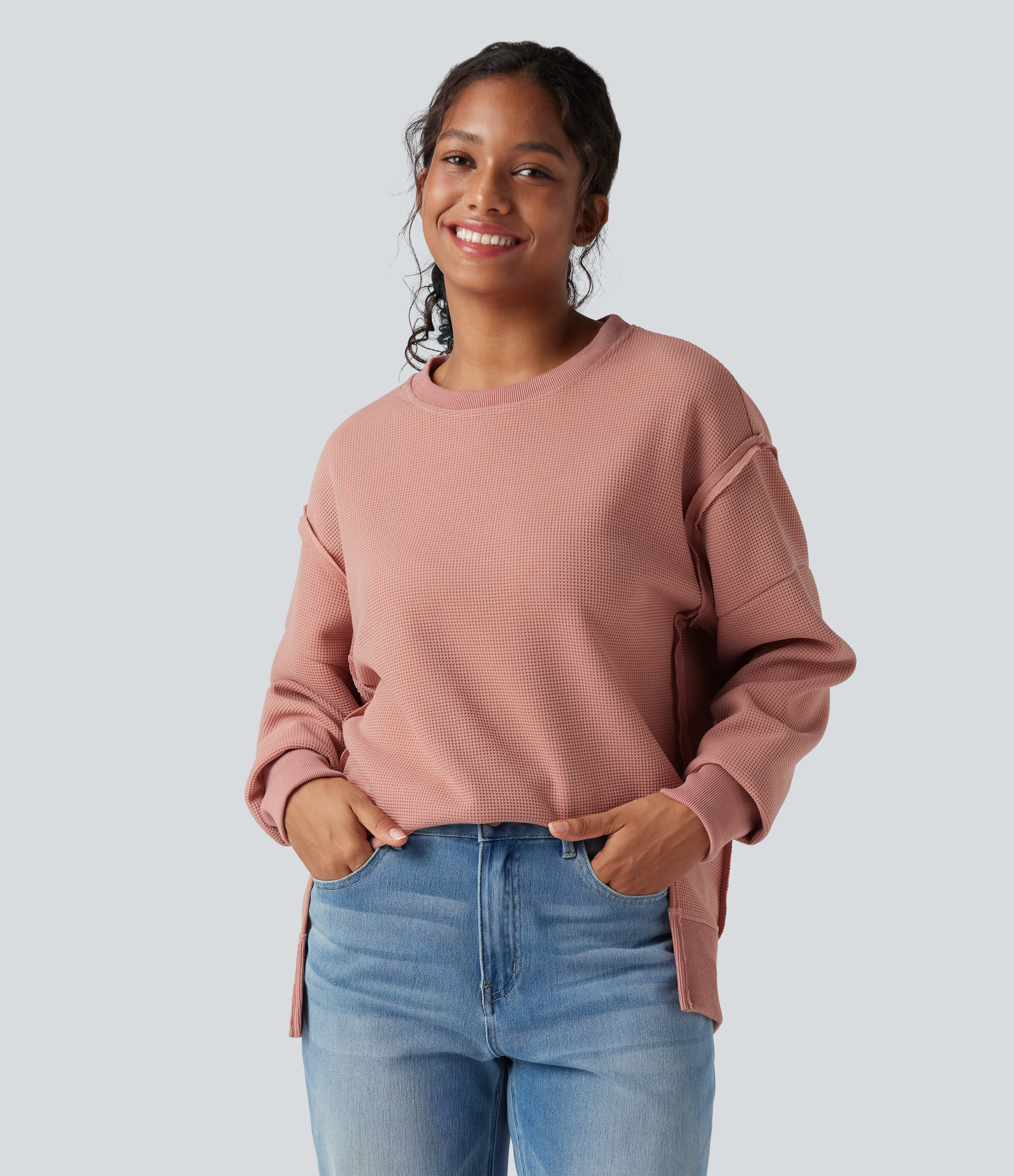 Round Neck Long Sleeve Split Hem Waffle Casual Sweatshirt