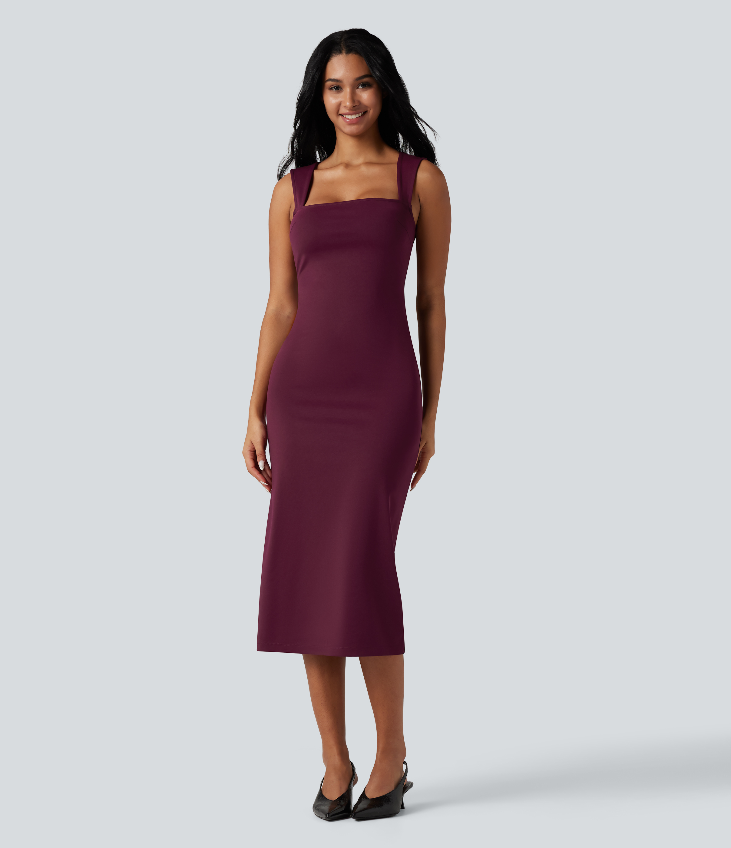 square neck midi dress casual Fuchsia Pink Midi Dress