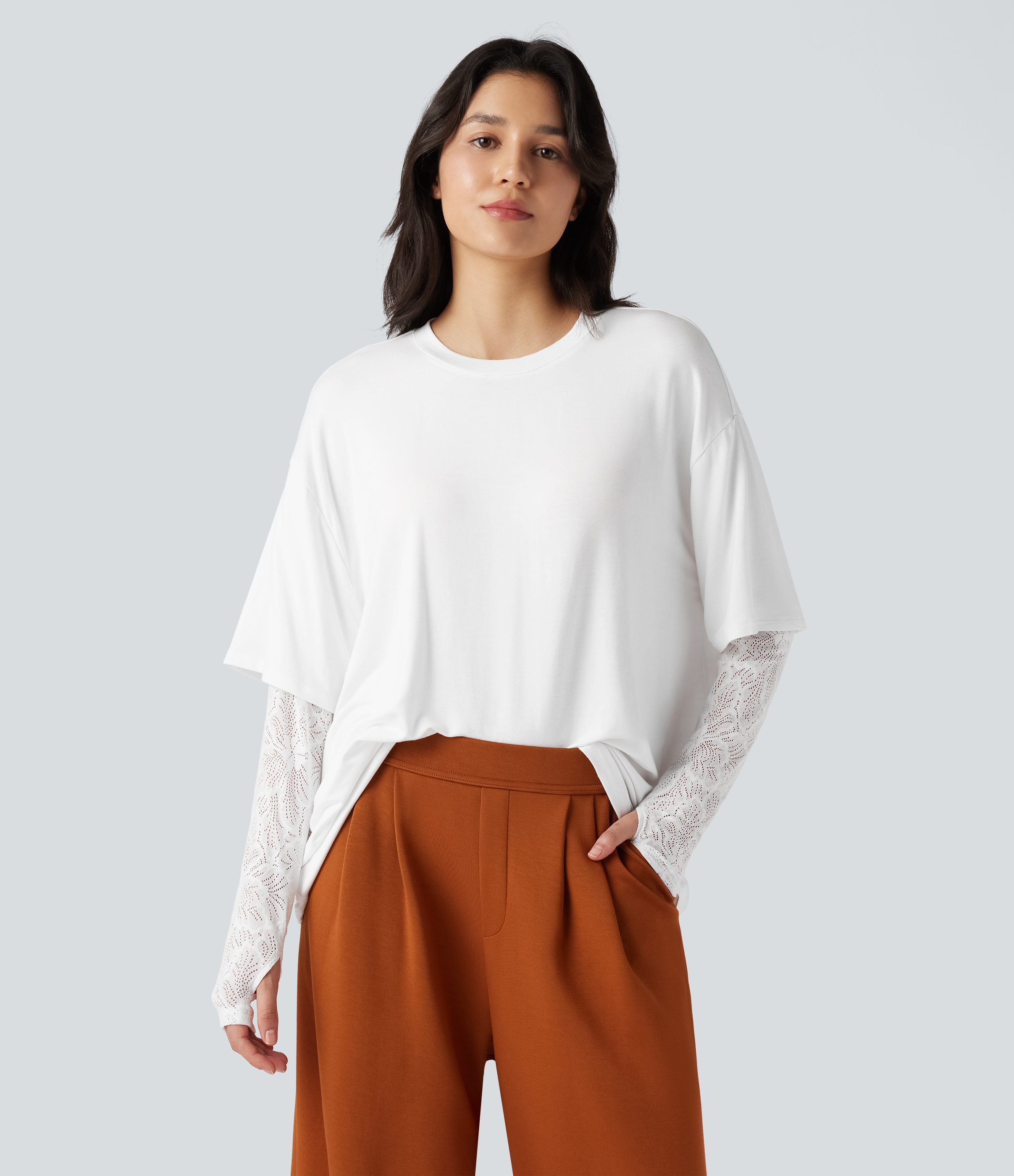 Round Neck Long Sleeve Thumb Holes Contrast Lace 2-in-1 Casual Top