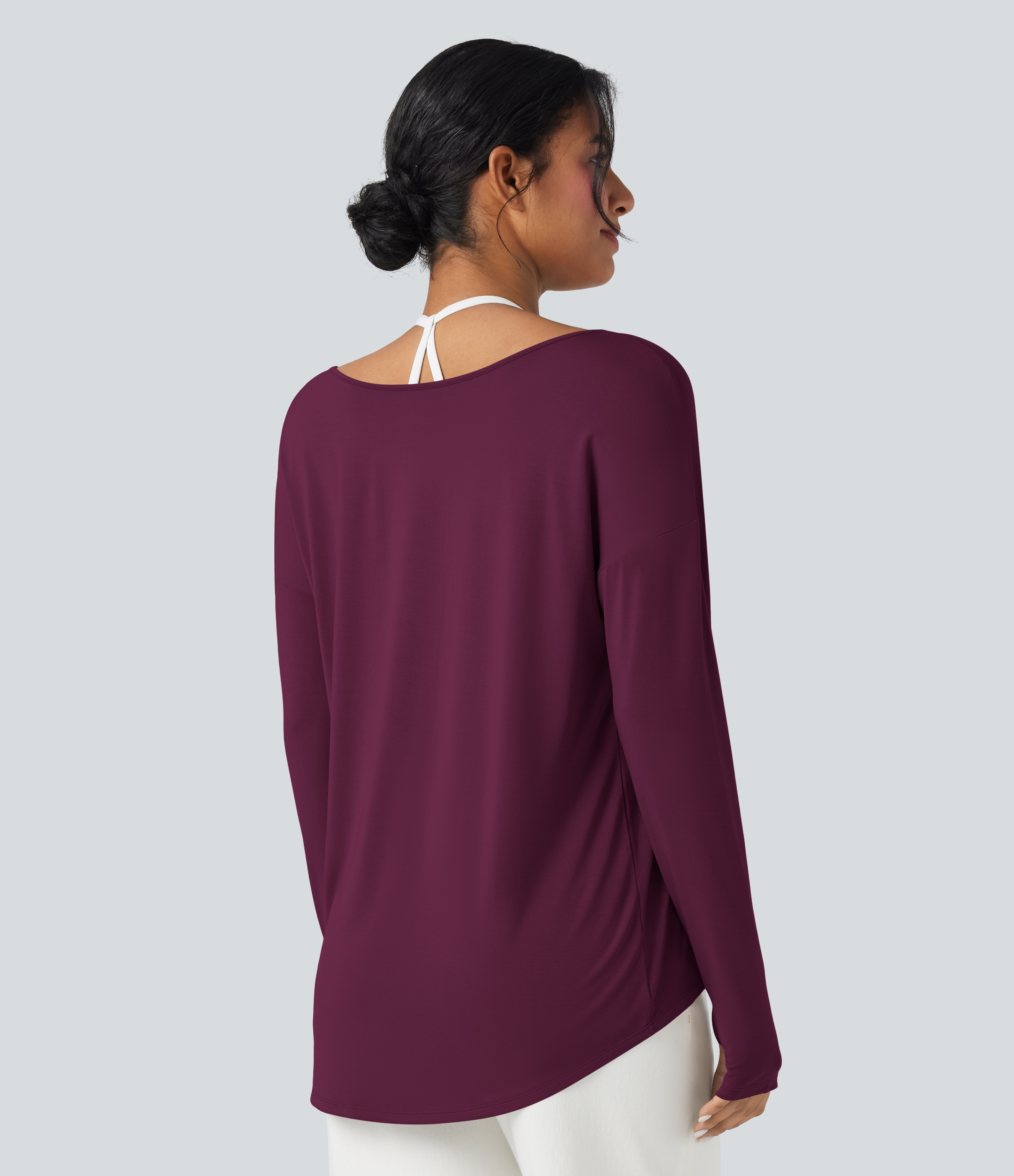 Purple Potion T-shirt décontracté col V profond manches longues à trous pouces coupe décontractée - Réversible devant et dos / 2