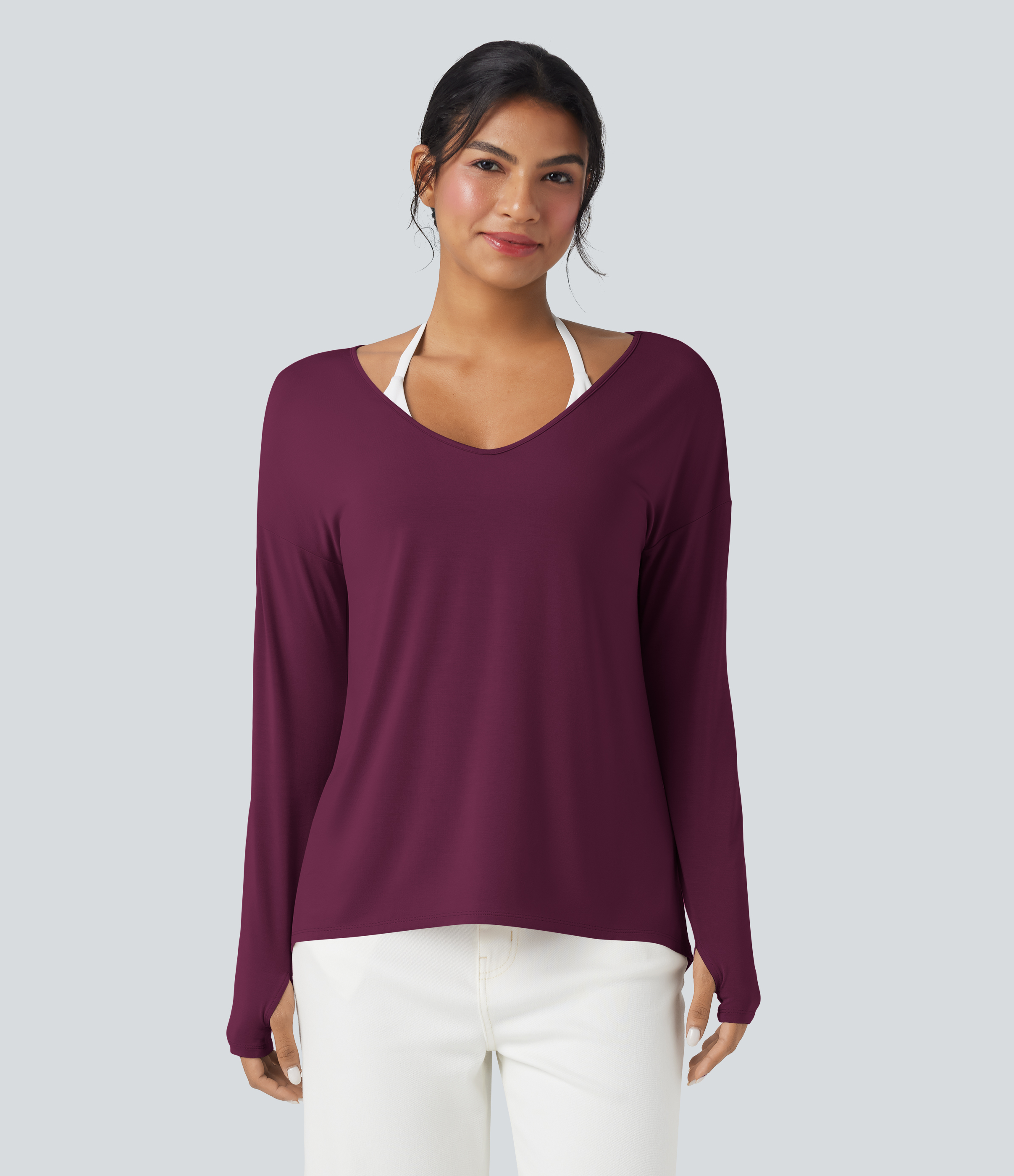 T-shirt décontracté à col en V profond, manches longues avec trous pour pouces - Porté recto verso