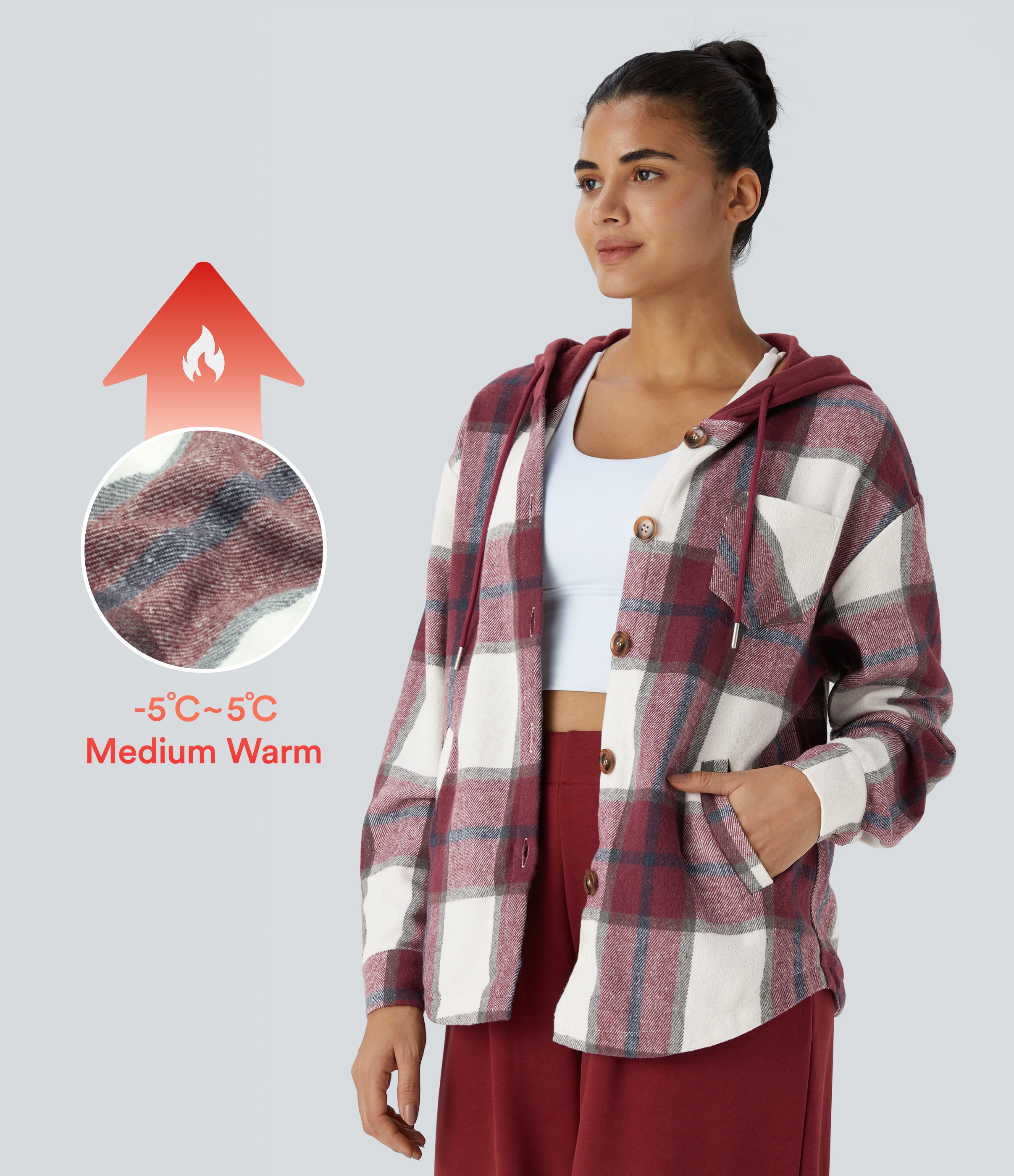 Hooded Drawstring Pocket Plaid Thermal Casual Jacket
