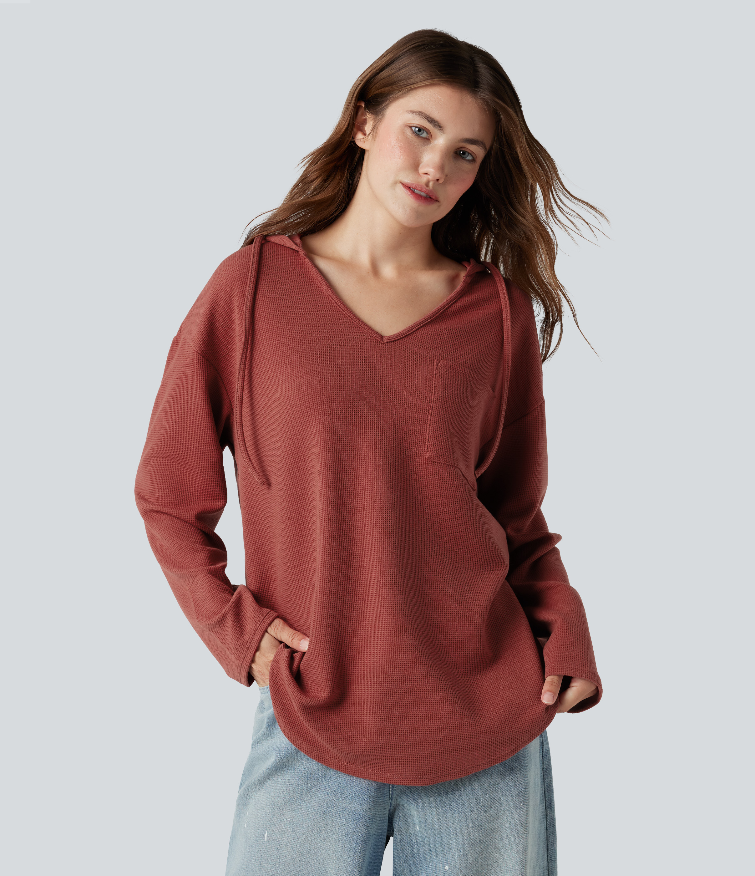 Hooded Drawstring Long Sleeve Curved Hem Waffle Casual Sweatshirt with Pocket
