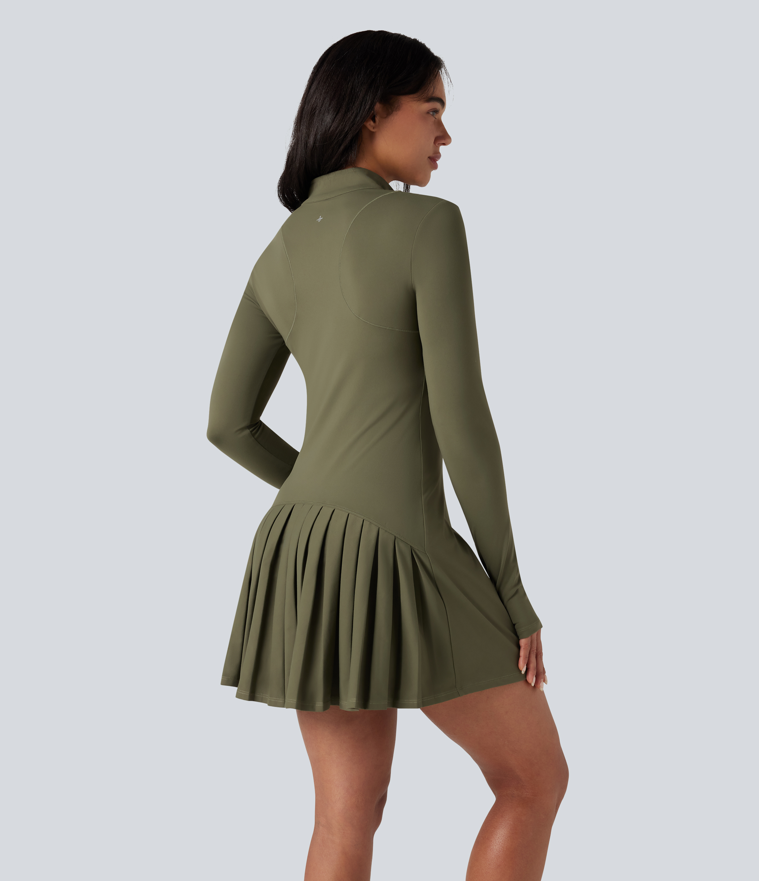 SoftlyZero™ Plush Stand Collar Half Zipper Long Sleeve Thumb Holes Pleated Hem Mini Dance Active Dress