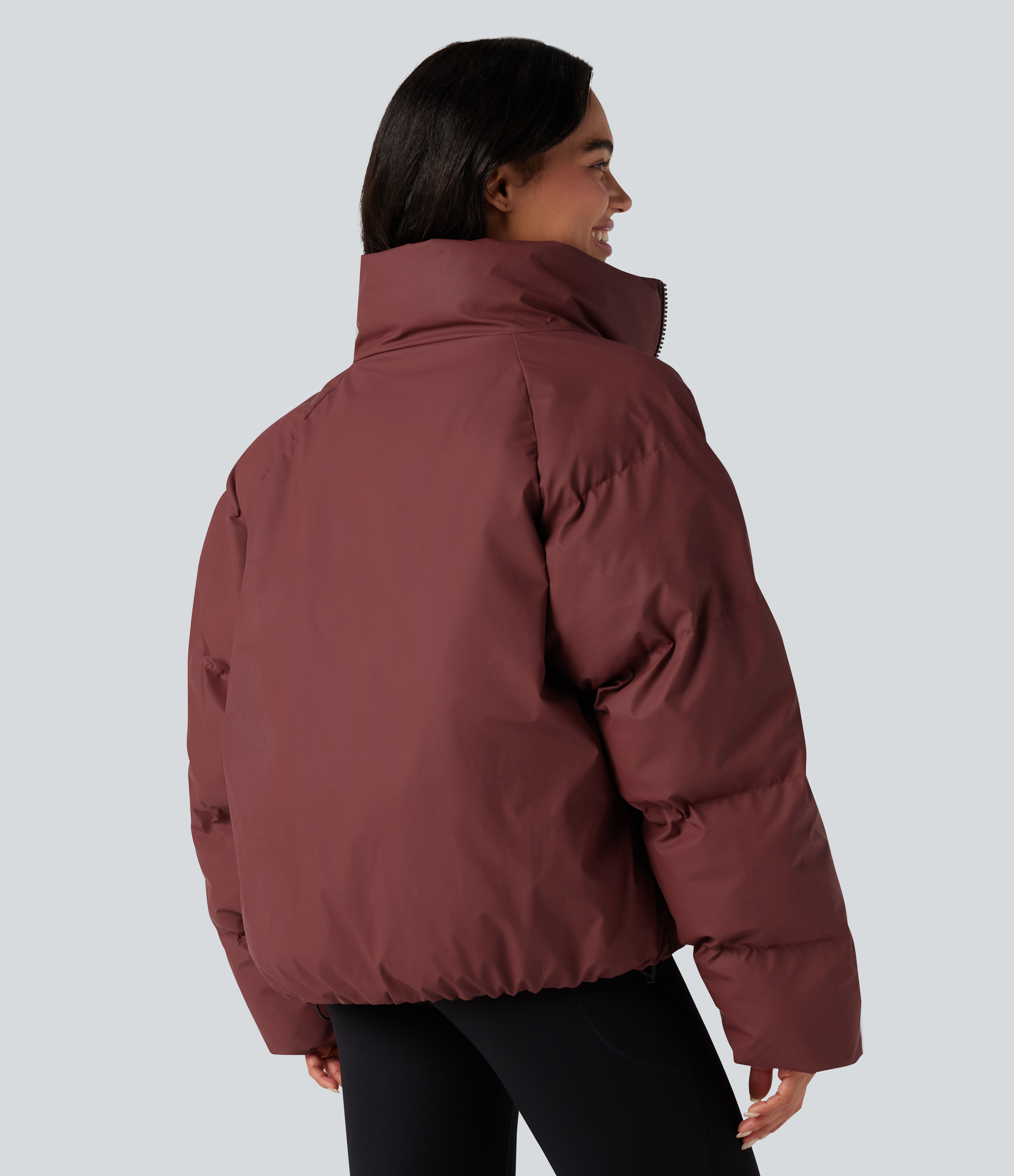 Cowhide High-neck Drawstring Hem Oversize Casual Puffer Jacket with Pockets / 2