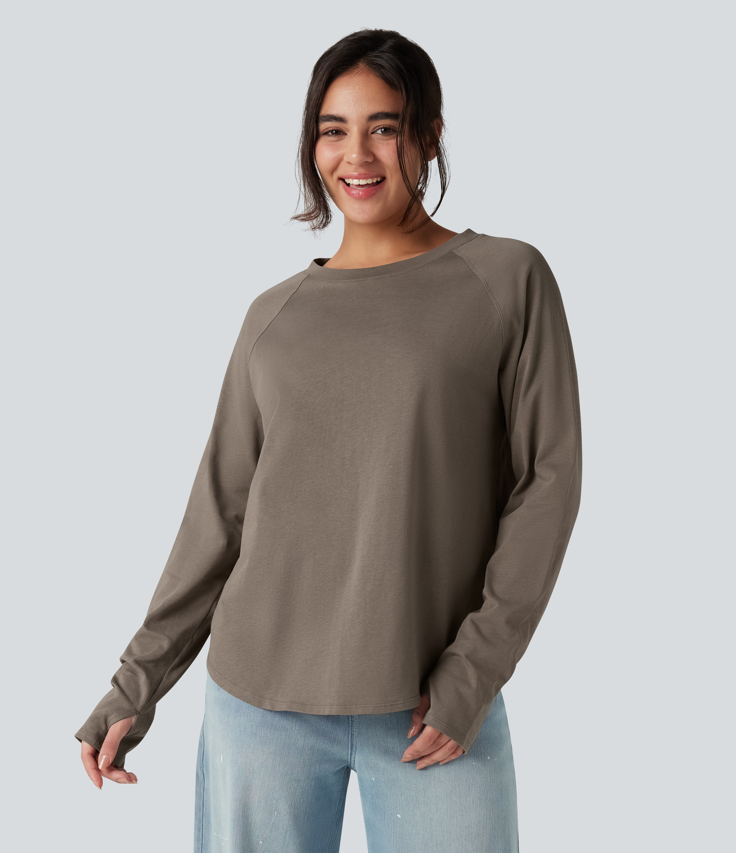 Crew Neck Raglan Long Sleeve Thumb Holes Curved Hem Relaxed Casual Cotton T-Shirt