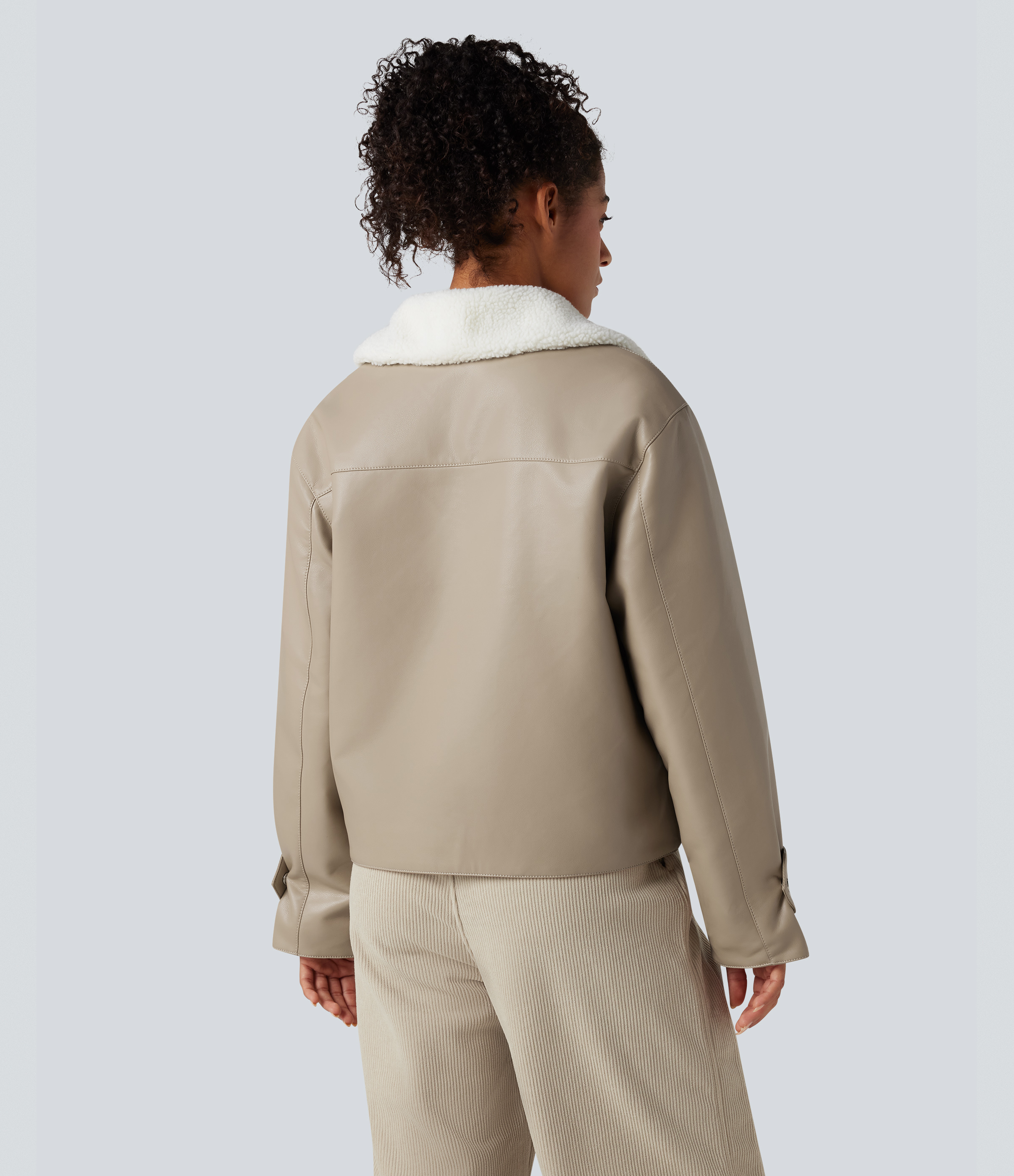 Silver Mink Long Sleeve Zipper Casual Sherpa Faux Leather Jacket with Pockets / 2