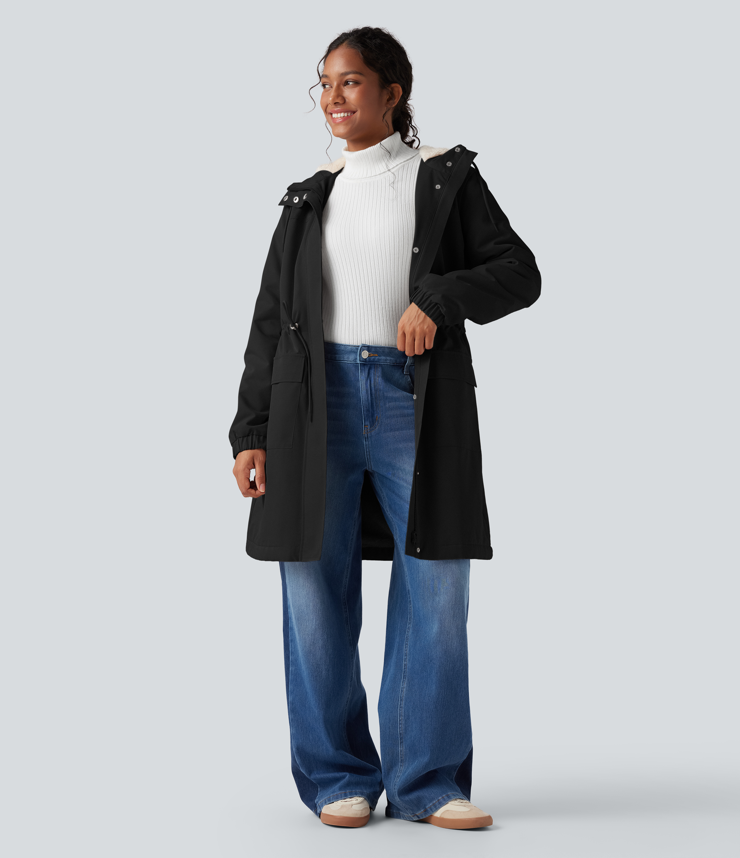 Hooded Long Sleeve Drawstring Longline Fleece Casual Parka Coat with Pockets